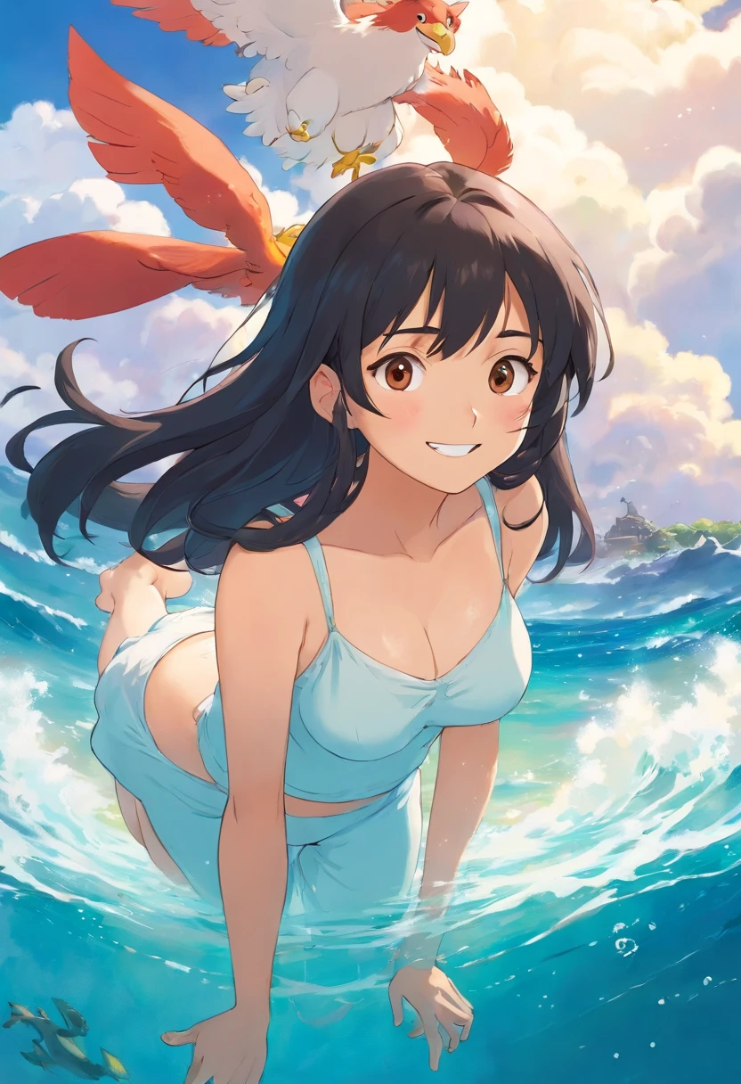 one-girl,cropped shoulders,Huge ,cleavagavel,ssmile,Upper body photo,Black color hair,upon the clouds,white clothes,比基尼,swim wears,sandbeach,the sea