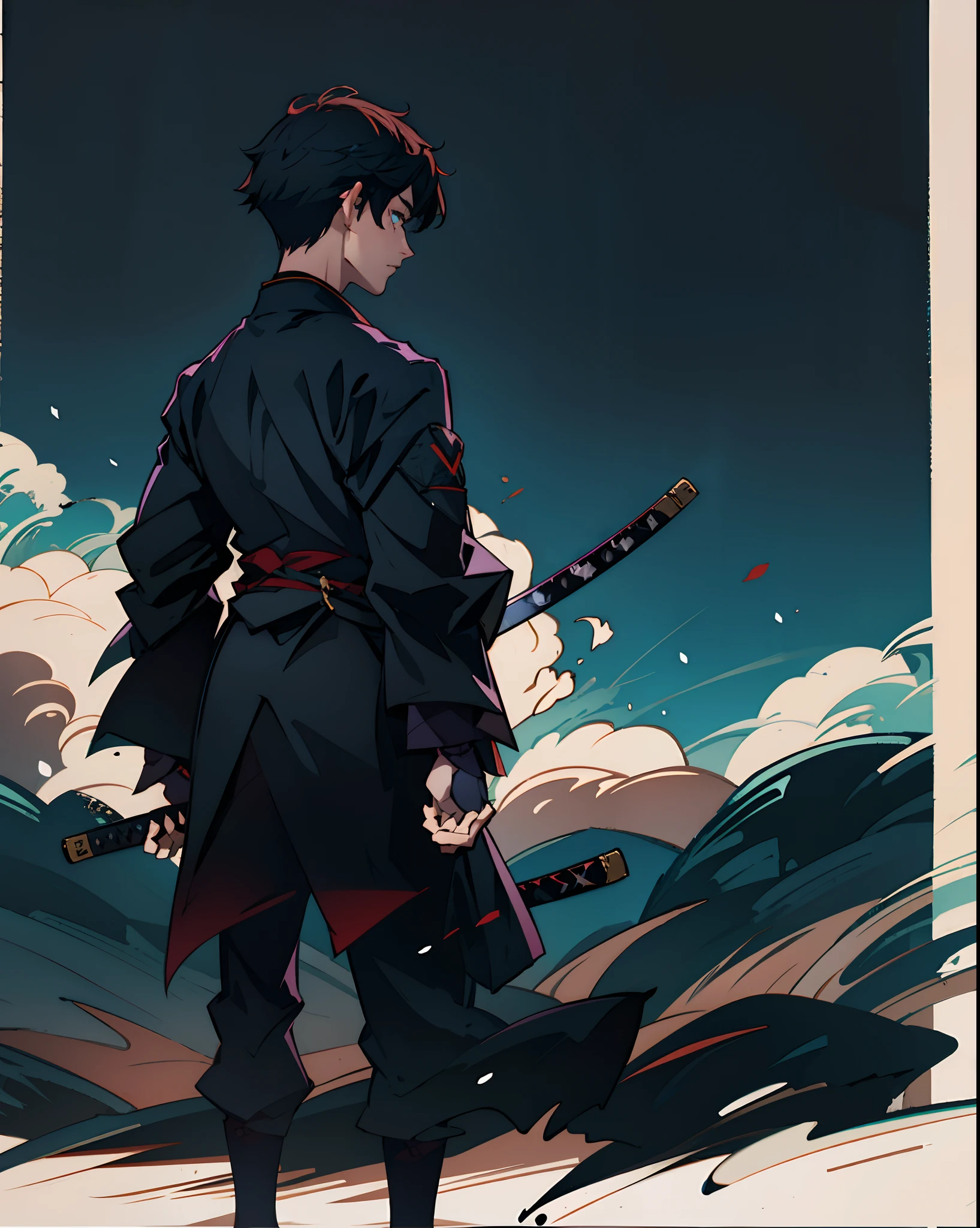 1boy, black kimono, holding katana, cool,dark background, showing his back and watching the viewer, standing, short hair, black katana