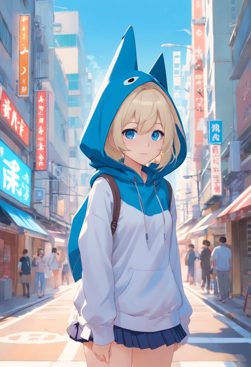 Blue shark hood,White color hair,Double ponytail curls,blue color eyes,White ta,Beth,A bustling city street