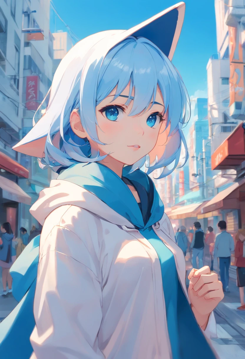 Blue shark hood,White color hair,Double ponytail curls,blue color eyes,White ta,Beth,A bustling city street