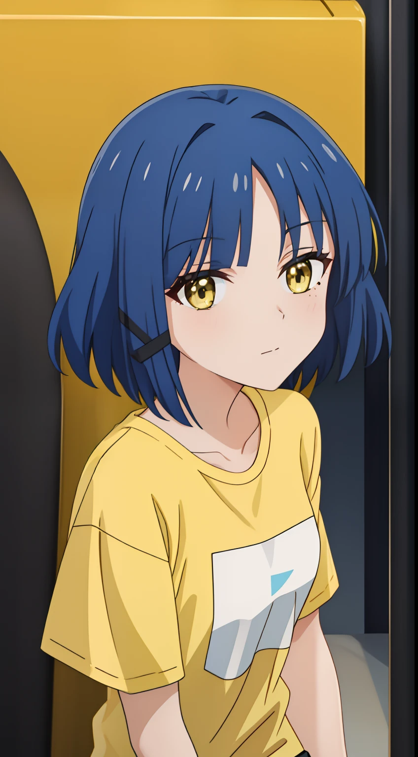 anime girl with short blue hair and yellow eyes, !! looking at the camera!!, wearing a black t-shirt, celebrity, with full bangs, ultra detail, hight quality, best quality