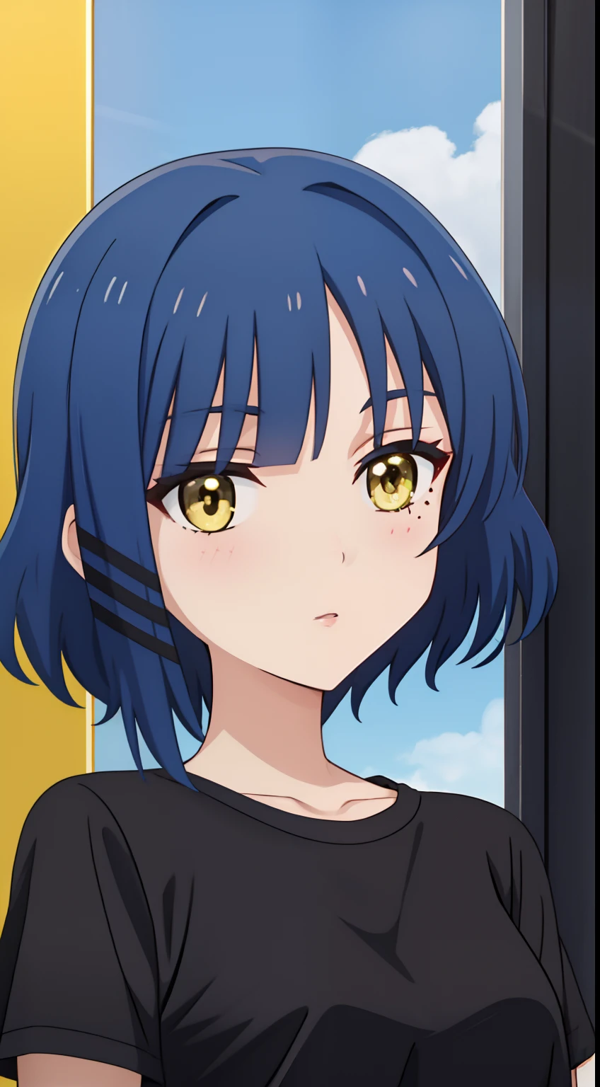 anime girl with short blue hair and yellow eyes, !! looking at the camera!!, wearing a black t-shirt, celebrity, with full bangs, ultra detail, hight quality, best quality