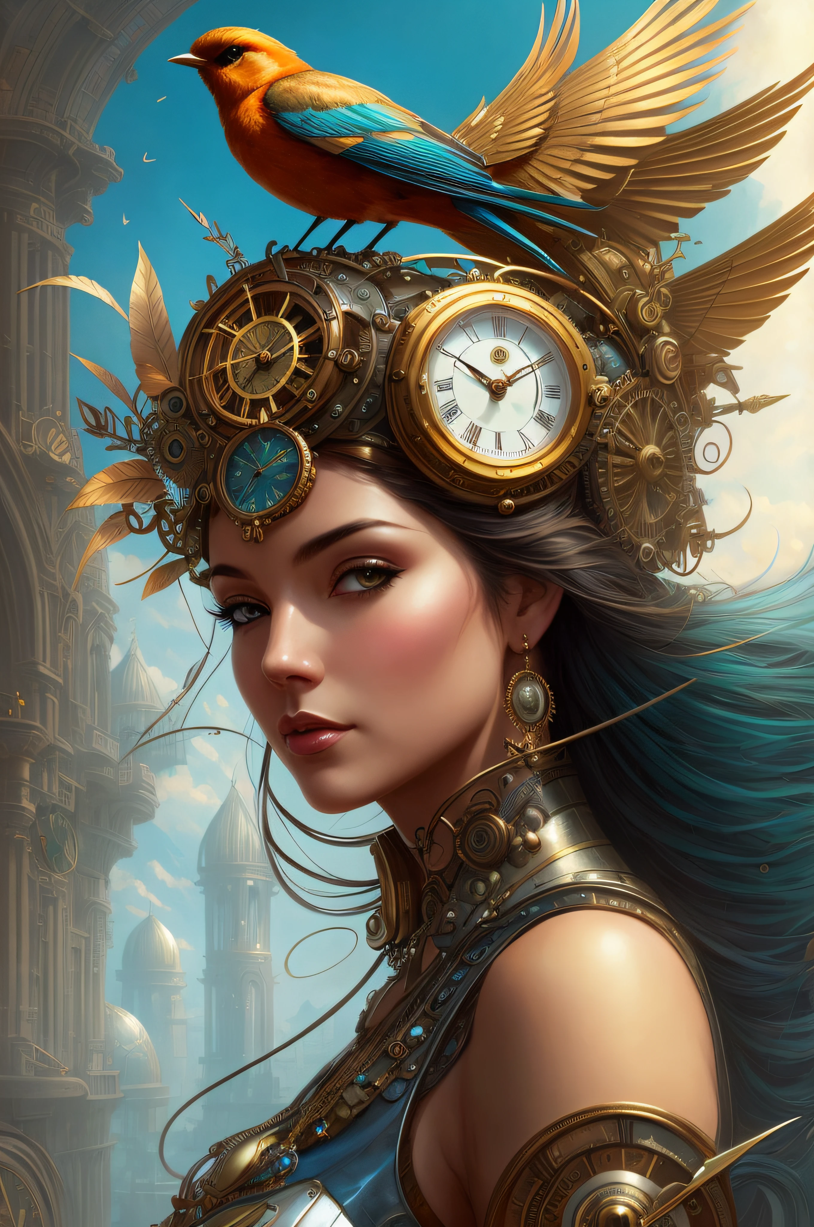 there is a woman with a bird on her head and a clock on her head, artgerm julie bell beeple, steampunk fantasy style, digital steampunk art, goddess of time, a steampunk beautiful goddess, high quality steampunk art, fantasy art behance, karol bak uhd, steampunk fantasy, artgerm detailed