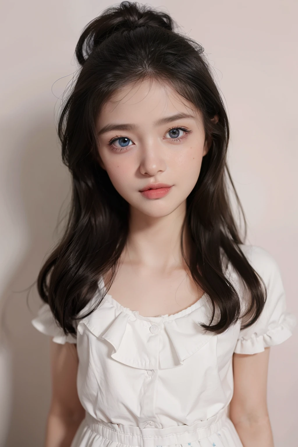 1 , Kawai cute face , ((top quality, 8k, masterpiece: 1.3)), beauty, , beautiful: 1.3, dark hair , ultra detailed face, highly detailed lips, detailed eyes, double eyelids, skirts, formal, smile, 5 years old, , hold ice cream, blue eye color , two bangs