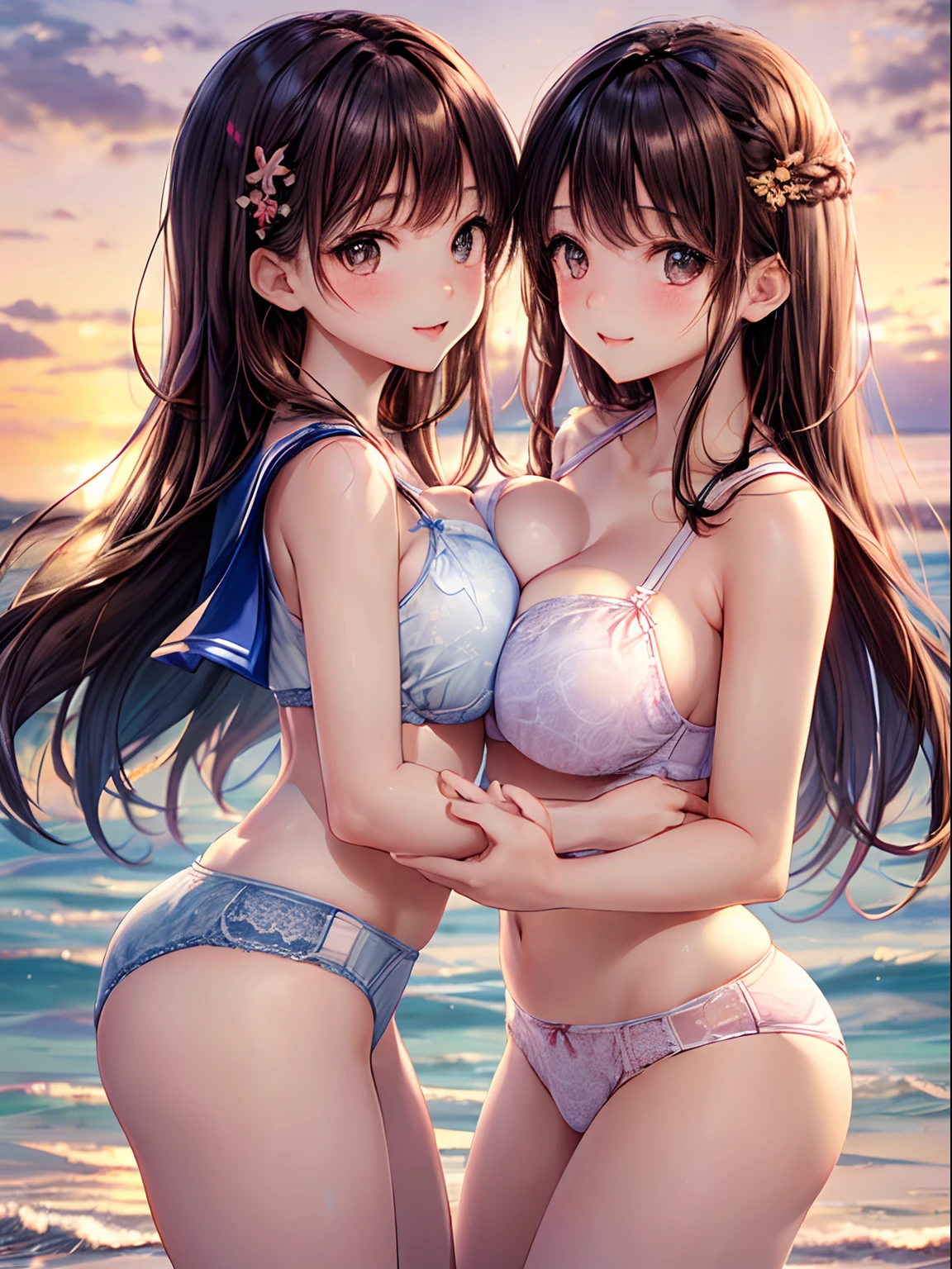 ((2 girls touch each other's breasts)), Brown hair, Brown eyes, Model, (Beautiful big breasts:1.3), Bare shoulders, (bared chest:1.2), (High School Uniform, Professional Photography, (((Bokeh))), Beach, Sea, Twilight, Sunset, Underwear pattern multicolor Touching each other's breasts Underwear pattern Two people staring at each other