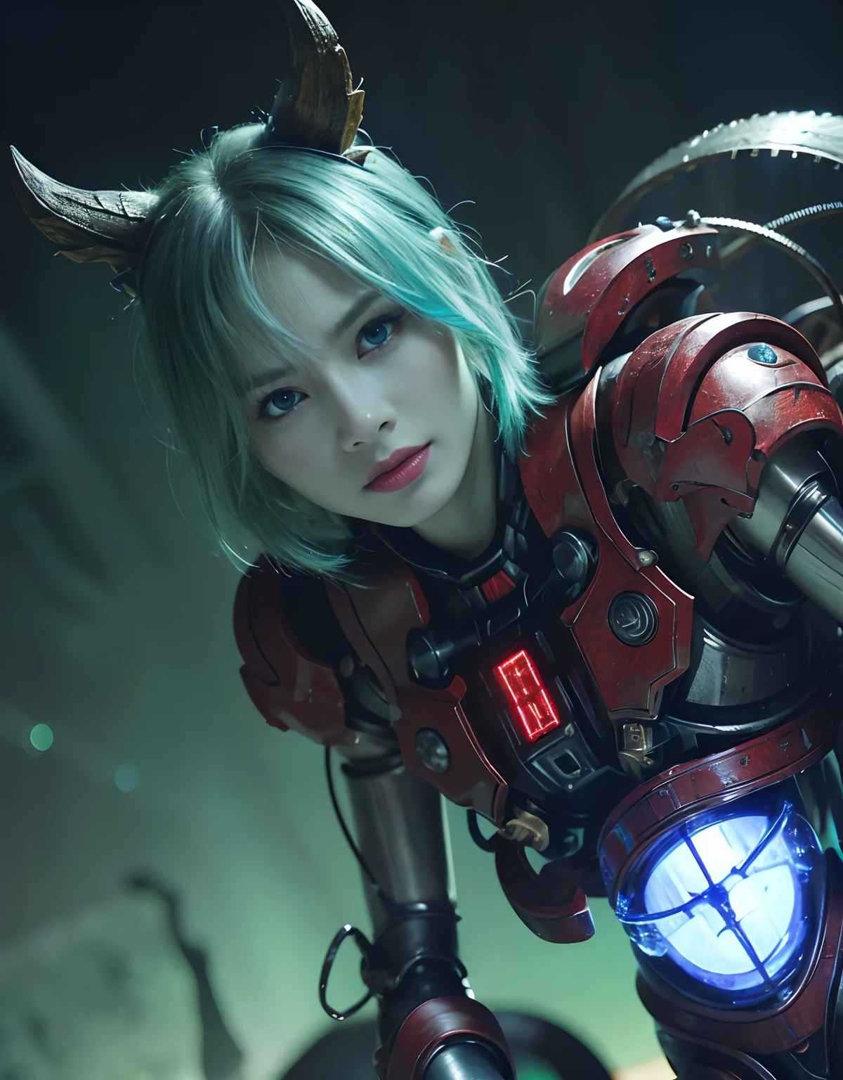 (1 Mechanical Girl)、top-quality、masterpiece、超A high resolution、(Photorealsitic:1.4)、Raw photo、女の子1人、Fight mutants、glowy skin、(((1 Mechanical Girl)))、With a beautiful knife、(Green Metal Bodysuit)、(Kobold、ogre、Fierce battle with orcs),(Fight fiercely against aliens)、Fight fiercely、(beautiful forest background)、(Fighting Demonic Beasts)、(Small LED)、((super realistic details))、portlate、(Strong giant demon beast background),globalillumination、Shadow、octan render、8K、ultrasharp、Colossal tits、Raw skin is exposed in cleavage、metals、Details of complex ornaments、Japan details、highly intricate detail、Realistic light、(Mystical expression),CGSoation Trends、Blue eyes、radiant eyes、Facing the camera、neon details、(Mechanical limbs)、(blood vessels connected to tubes)、Mechanical vertebrae attached to the back、mechanical cervical attaching to neck、(Wires and cables connecting to the head)、Gundam、Small LED、,Mechanical thighs、Toostock、(Hands are also made of machines)、(Attack of the Monster Beasts)、(Wounded in a deadly battle)、
