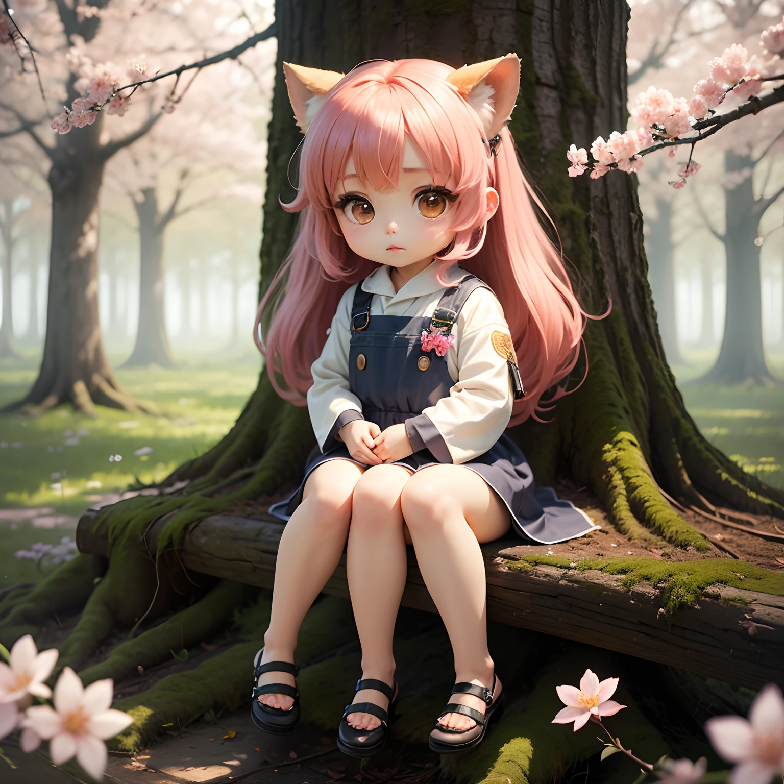 ​masterpiece、top-quality、ultra-detailliert、(Chibi Chara Hanasaki Kaya:1.2)、独奏、sit on the branches of tall trees、Sprinkling powder、cherryblossom