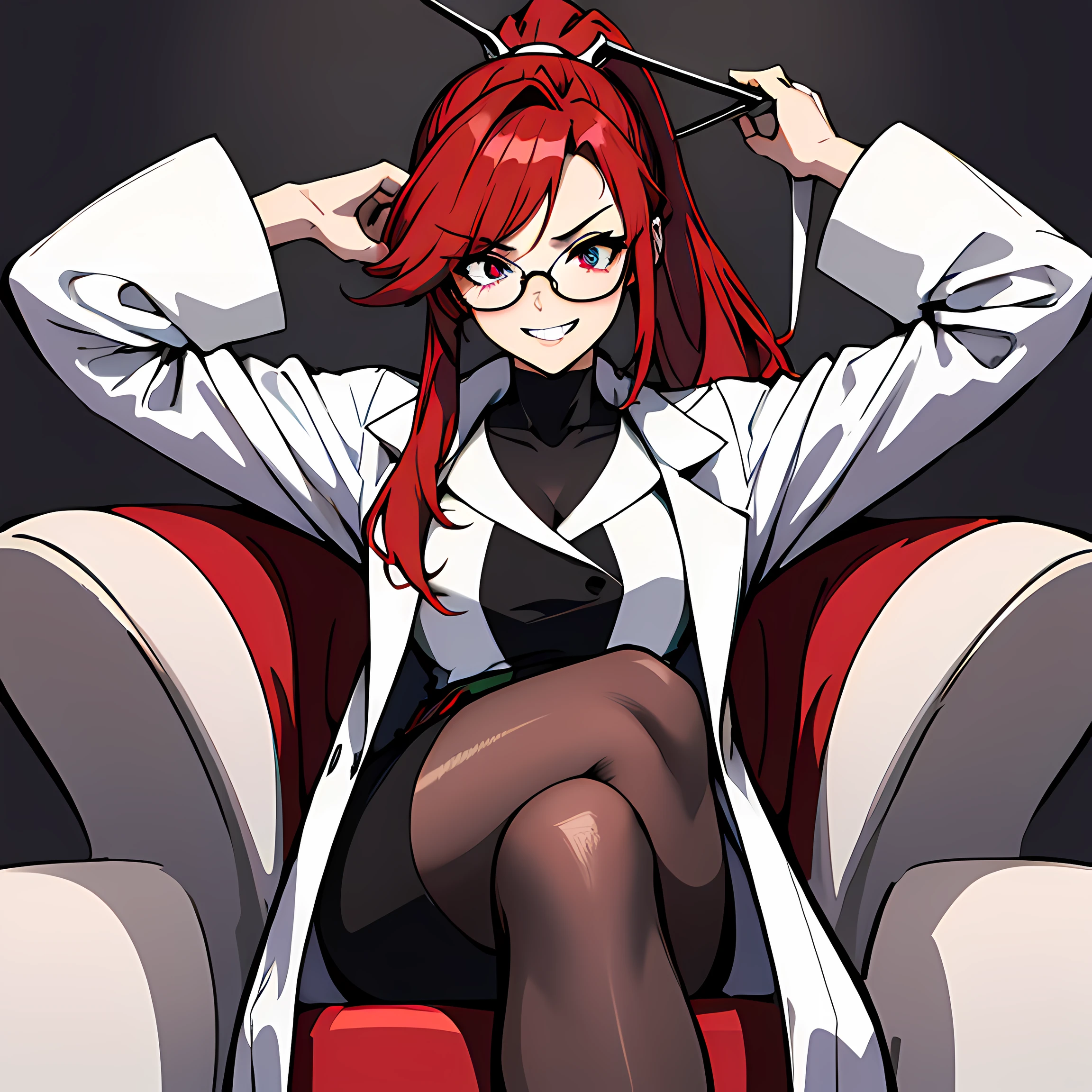 (absurdres, 8k, 4k, masterpiece, hyper extreme detailed:1.2), solo, 1girl, front view portrait, best quality, expressive eyes, perfect face, 1girl, portrait, solo, Female, mature female, adult, red hair, small bust, long shirt, white lab coat, swept bangs, side bangs, crazy face, crazy eyes, messy hair, medium hair, hair covering forehead, perfect anatomy, anatomically correct, villain, evil, looking forward, forward view, expressive eyes, perfect eyes, crazy, science, scientist, mad scientist, experiment, psychotic, psychopath, sociopathic, sociopath, crazed, wide eyes, grin, round rimmed glasses, long brown skirt, lab coat, half body, covered forehead, downward bangs, insane, half body, ponytail, futuristic, gadget, hologram, tablet, leaning back, sitting in chair, leg crossed,