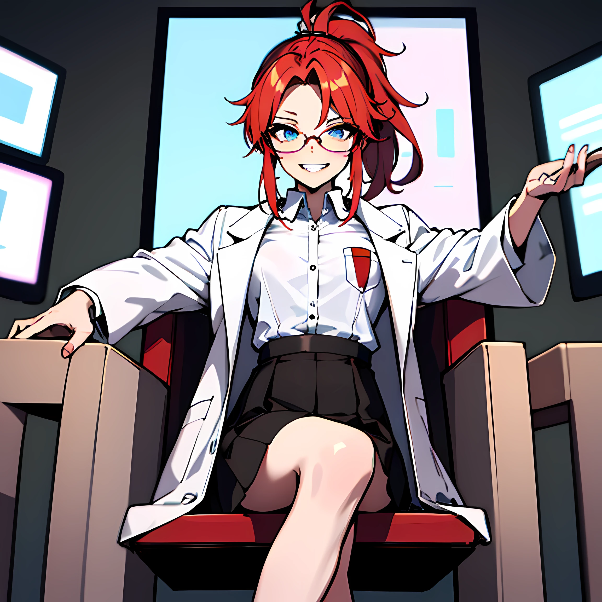 (absurdres, 8k, 4k, masterpiece, hyper extreme detailed:1.2), solo, 1girl, front view portrait, best quality, expressive eyes, perfect face, 1girl, portrait, solo, Female, mature female, adult, red hair, small bust, long shirt, white lab coat, swept bangs, side bangs, crazy face, crazy eyes, messy hair, medium hair, hair covering forehead, perfect anatomy, anatomically correct, villain, evil, looking forward, forward view, expressive eyes, perfect eyes, crazy, science, scientist, mad scientist, experiment, psychotic, psychopath, sociopathic, sociopath, crazed, wide eyes, grin, round rimmed glasses, long brown skirt, lab coat, half body, covered forehead, downward bangs, insane, half body, ponytail, futuristic, gadget, hologram, tablet, leaning back, sitting in chair, leg crossed,