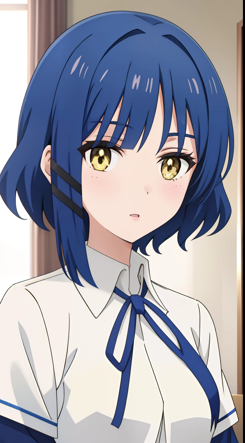 anime girl with short blue hair and yellow eyes, !! looking at the camera!!, wearing a white school uniform, celebrity, with full bangs, ultra detail, hight quality, best quality