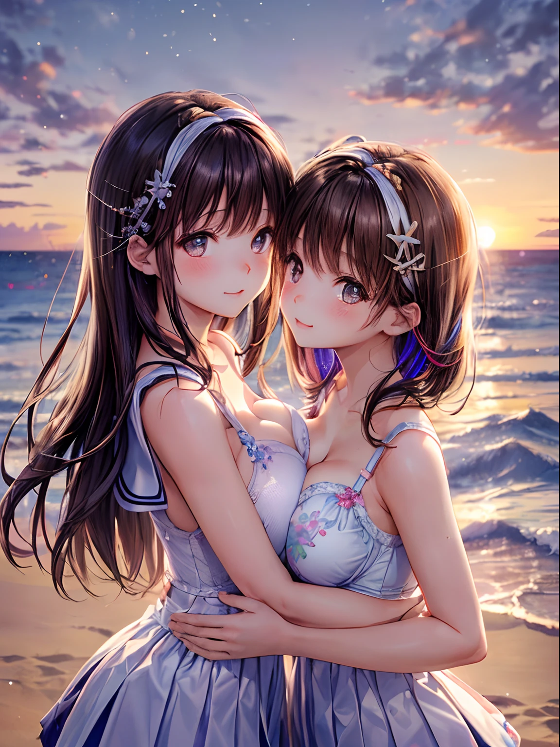 ((2 girls touch each other's breasts)), Brown hair, Brown eyes, Model, (Beautiful big breasts:1.3), Bare shoulders, (bared chest:1.2), (High School Uniform, Professional Photography, (((Bokeh))), Beach, Sea, Twilight, Sunset, Underwear pattern multicolor Touching each other's breasts Underwear pattern Two people staring at each other