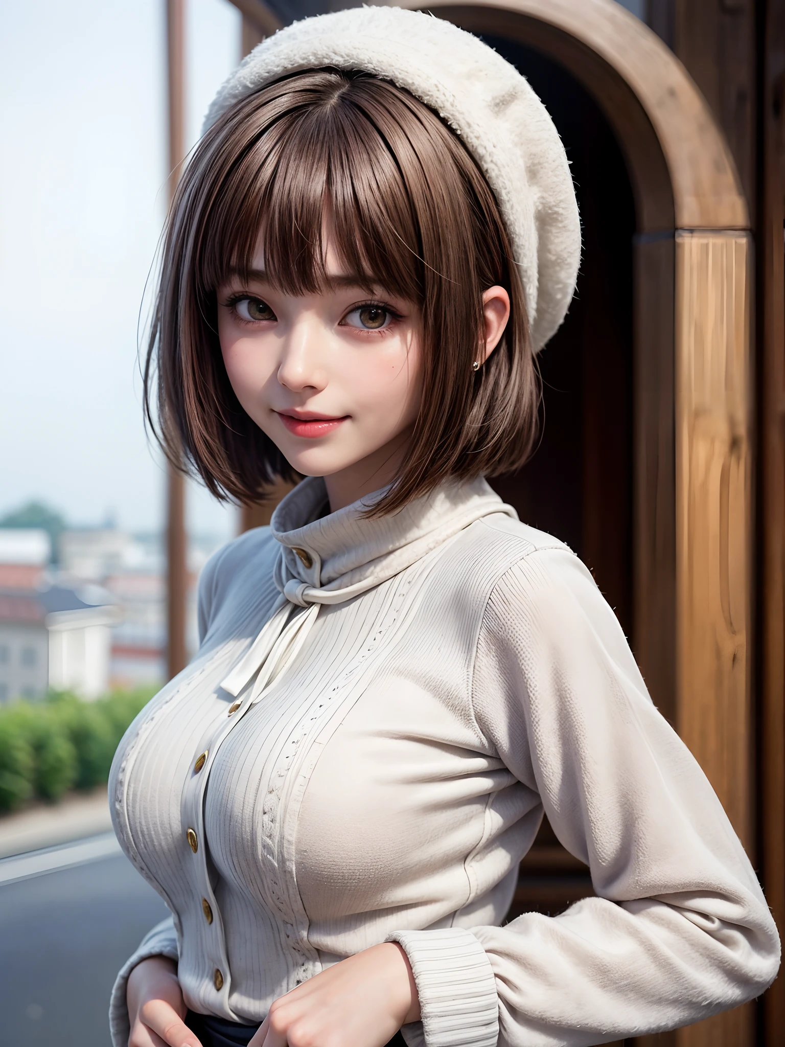 (masterpiece, top-quality、Beautiful woman full of adult charm、Add intense highlights to the eyes),1girl in, 独奏, A dark-haired, scarf, Hats,, realisitic, looking at the viewers, black eyes of light color, shorth hair, coat, Winter clothes, White headscarf, s lips, lipgloss,bangss,, a closed mouth, The upper part of the body、big eye、Lashes、((Road system in Italy))、((Shorthair with bangs、big eye、Put very strong highlights in your students、very Bigger breasts、gazing at viewer、Very beautiful beauty、Put your ears out、long neck、little smiling、Close your mouth and smile)))、28 year old、Cute supermodels