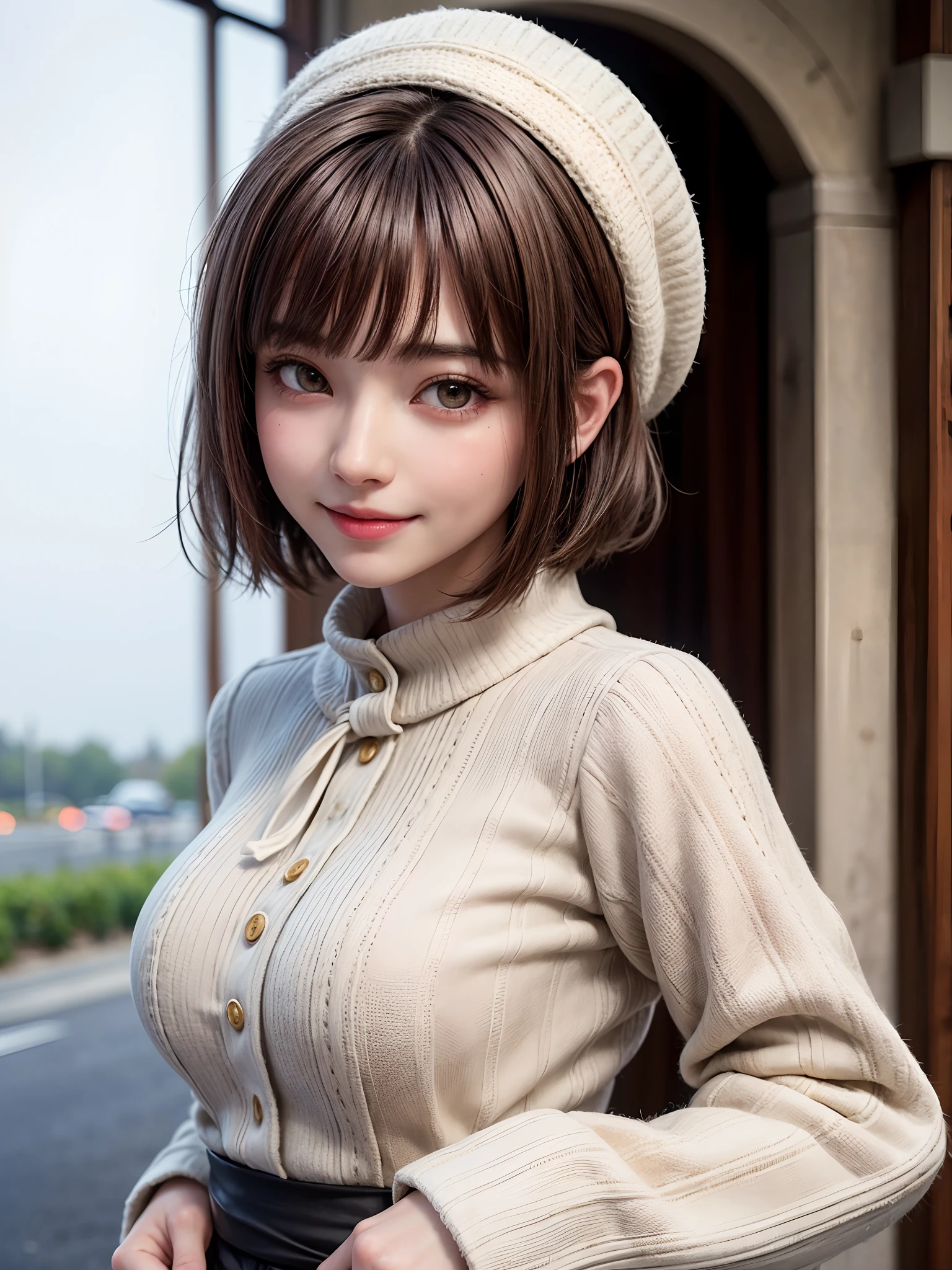 (masterpiece, top-quality、Beautiful woman full of adult charm、Add intense highlights to the eyes),1girl in, 独奏, A dark-haired, scarf, Hats,, realisitic, looking at the viewers, black eyes of light color, shorth hair, coat, Winter clothes, White headscarf, s lips, lipgloss,bangss,, a closed mouth, The upper part of the body、big eye、Lashes、((Road system in Italy))、((Shorthair with bangs、big eye、Put very strong highlights in your students、very Bigger breasts、gazing at viewer、Very beautiful beauty、Put your ears out、long neck、little smiling、Close your mouth and smile)))、28 year old、Cute supermodels
