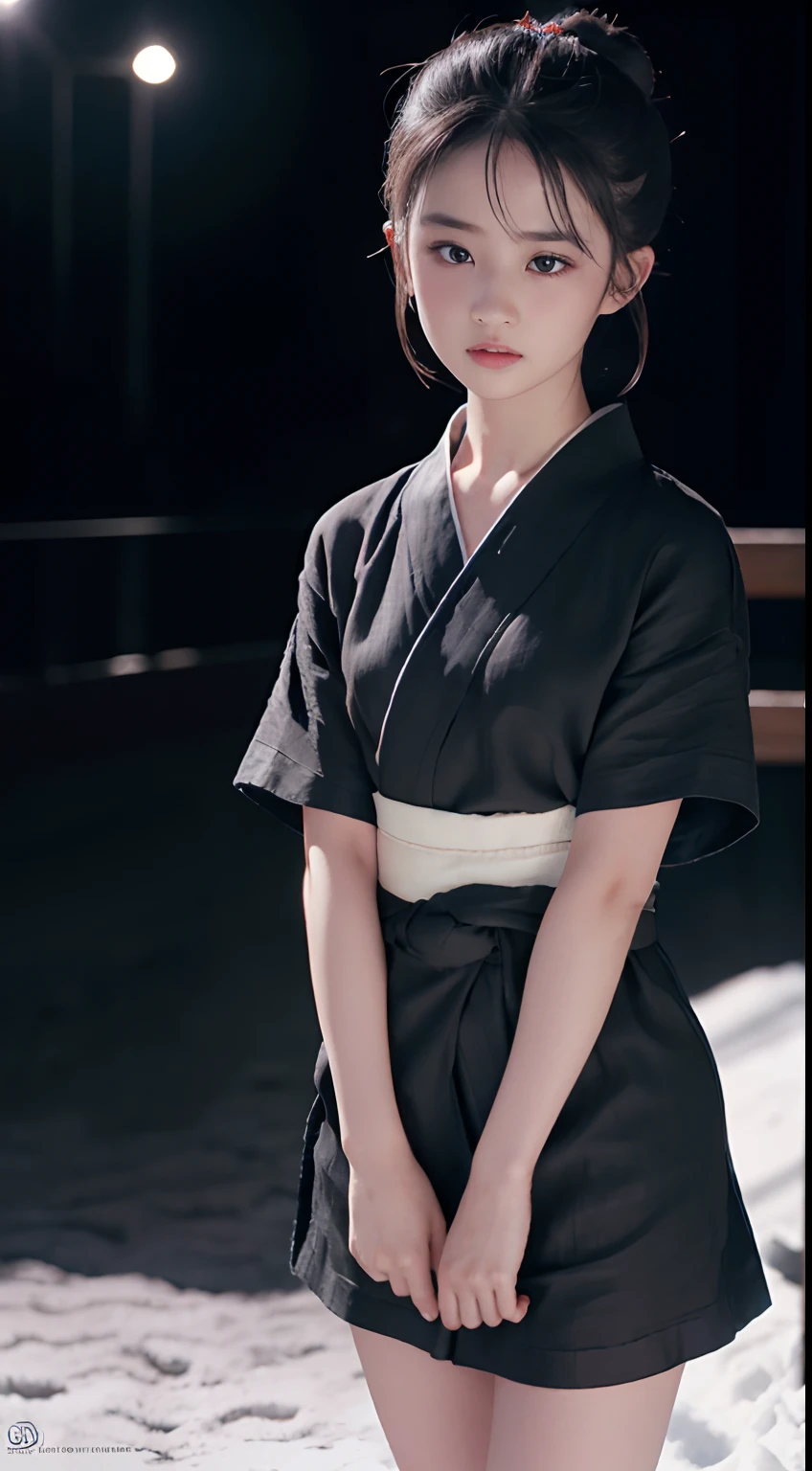 ((Best quality, 8K, Masterpiece :1.3)), Sharp focus:1.2 , Photorealsitic,(Cinematic lighting),Facial detail texture. Eye details. Double eyelids, Slender body. Super small breasts, Sexy collarbone,12-year-old girl, photo-realistic:1.37,Perfect eyes, ((1 girl in a black yukata)),(white sash),(Ultra-thin fabric),((Ragged linen)),With a petite figure,brunette color hair,hair-bun,Qi bangs,Stand in the snow,The barefoot,Hands behind your back,Full body like,short- sleeved,short skirt,Exposing thighs,folds,((solid color backdrop)),is shy,Be red in the face,Get wet