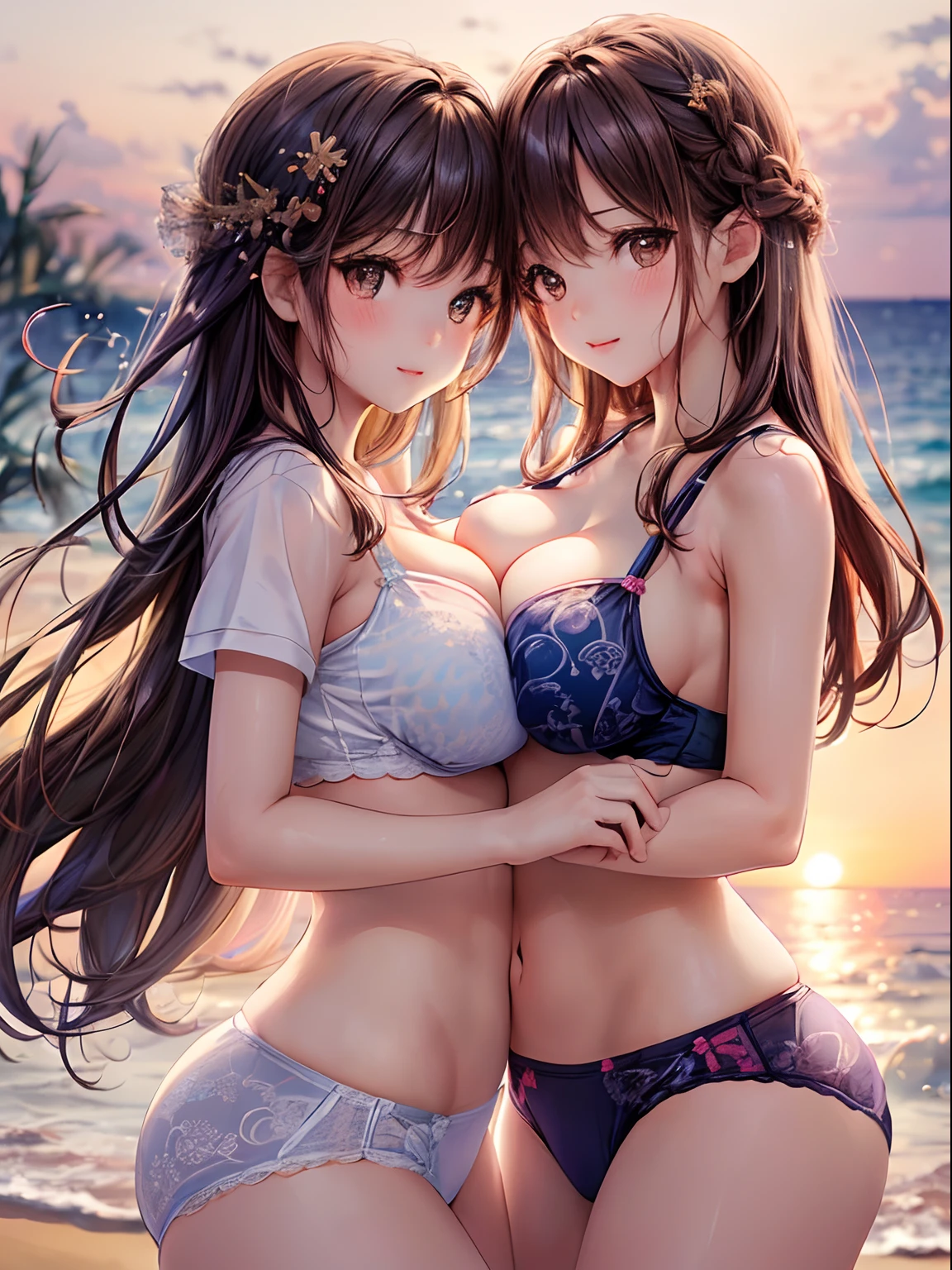 ((2 s touch each other's breasts)), Brown hair, Brown eyes, Model, (Beautiful big breasts:1.3), Bare shoulders, (bared chest:1.2), (High School Uniform, Professional Photography, (((Bokeh))), Beach, Sea, Twilight, Sunset, Underwear pattern multicolor Touching each other's breasts Underwear pattern Two people staring at each other
