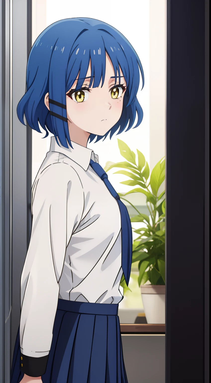 anime girl with short blue hair and yellow eyes, sad, !! looking at the camera!!, wearing a white school uniform, celebrity, with full bangs, ultra detail, hight quality, best quality