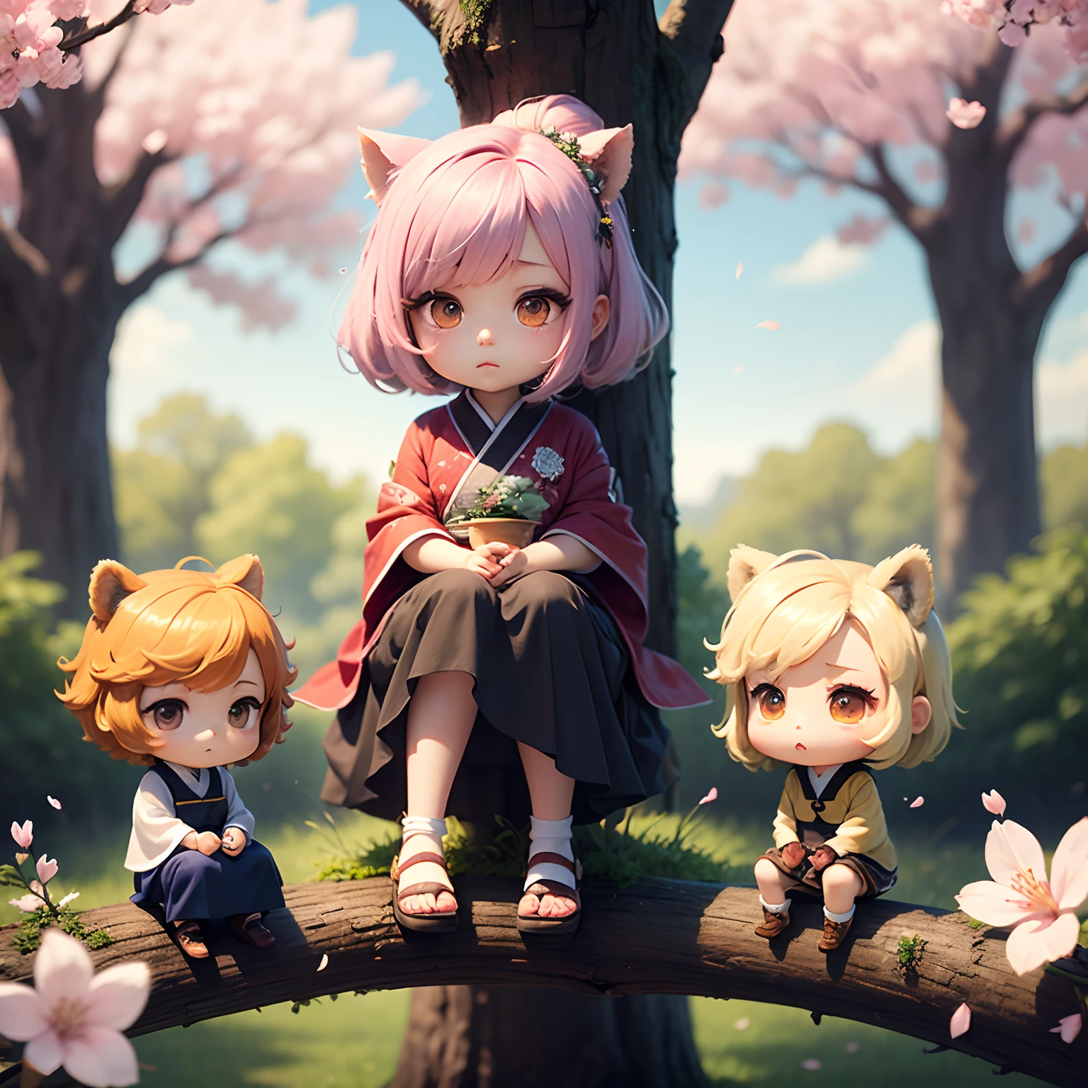 ​masterpiece、top-quality、ultra-detailliert、(Chibi Chara Hanasaki Kaya:1.2)、独奏、grandfather、Sit on a branch of a tall tree、Sprinkling powder、cherryblossom