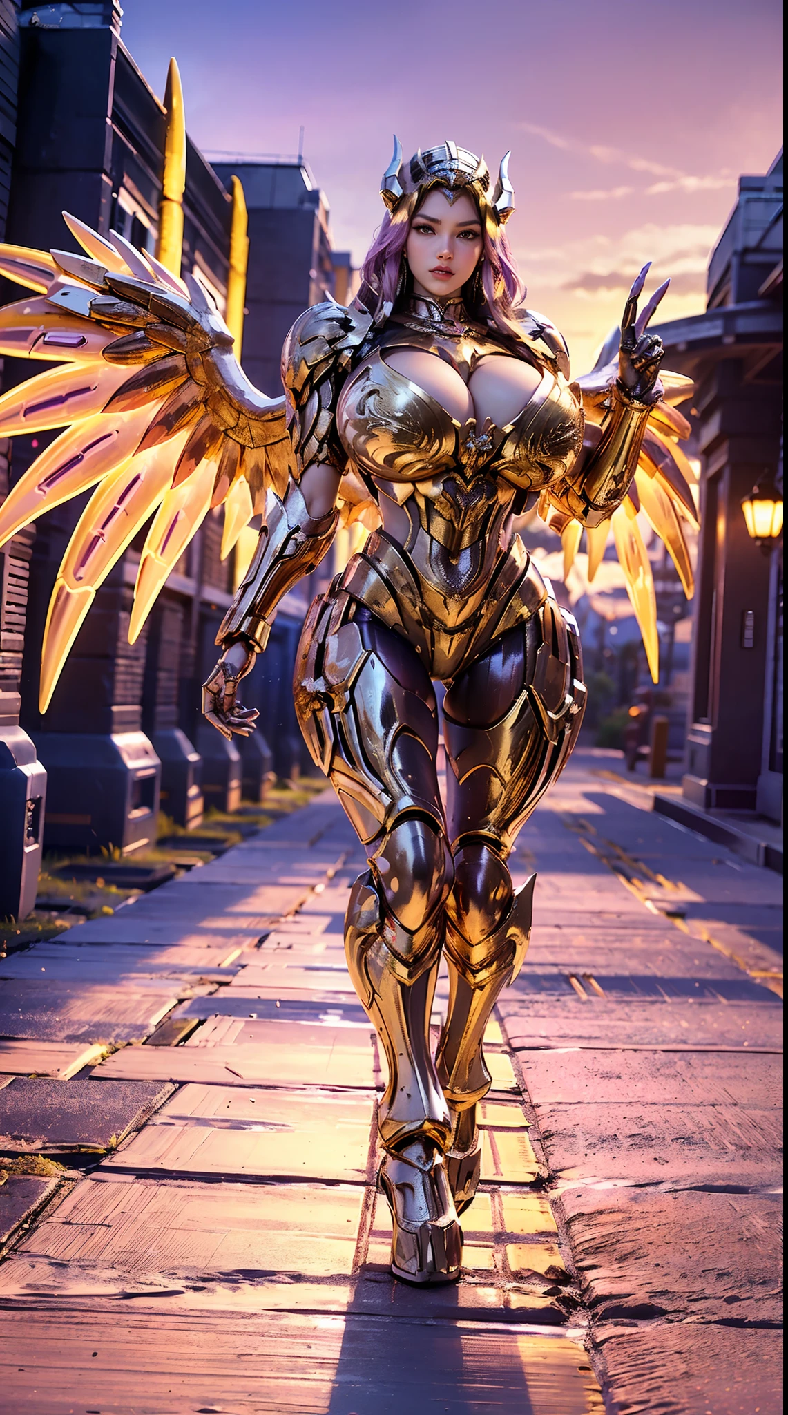 (DRAGON QUEEN HELM), (HUGE FAKE BOOBS), (BEAUTIFUL FACE), (PURPLE, GOLD, WHITE), (DESERT MOUNTAIN), (((A PAIR OF GIGANTIC MECHANICAL WINGS SPREAD OUT))), RAINBOW COLOR FUTURISTIC PHOENIX MECHA BODYSUIT, (CLEAVAGE), (SKINTIGHT YOGA PANTS), (HIGH HEELS), (PERFECT BODY:1.2), (FULL BODY VIEW), (LOOKING AT VIEWER), (WALKING DOWN:1.2), (MUSCLE ABS), UHD, 8K, 1080P.