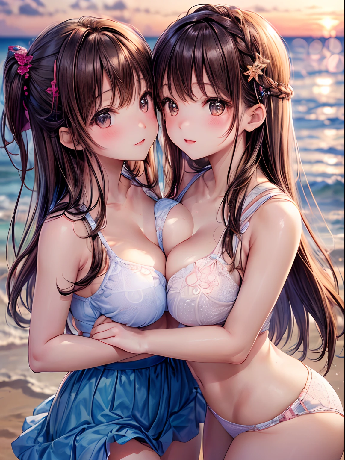 ((2  girls touch each other's breasts)), Brown hair, Brown eyes, Model, (Beautiful big breasts:1.3), Bare shoulders, (bared  chest:1.2), (High School Uniform, Professional Photography, (((Bokeh))),  Beach, Sea, Twilight, Sunset, Underwear pattern multicolor　Touching each other's breasts　Underwear pattern　Two people staring at each other