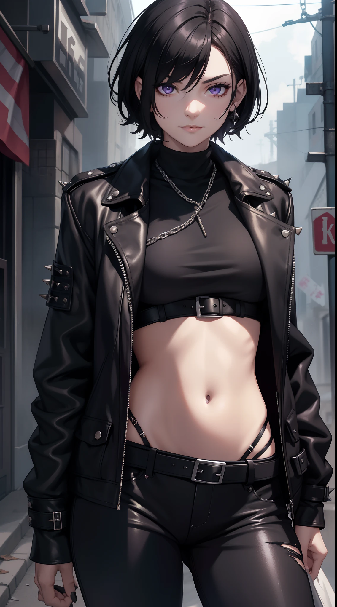 young girl, short black hair, violet eyes, smirk, Black leather jacket with spikes, open belly, breeches, Chains on clothes, scar on face, cigarette, Smoke, hiquality, 4k, HD, Good detail