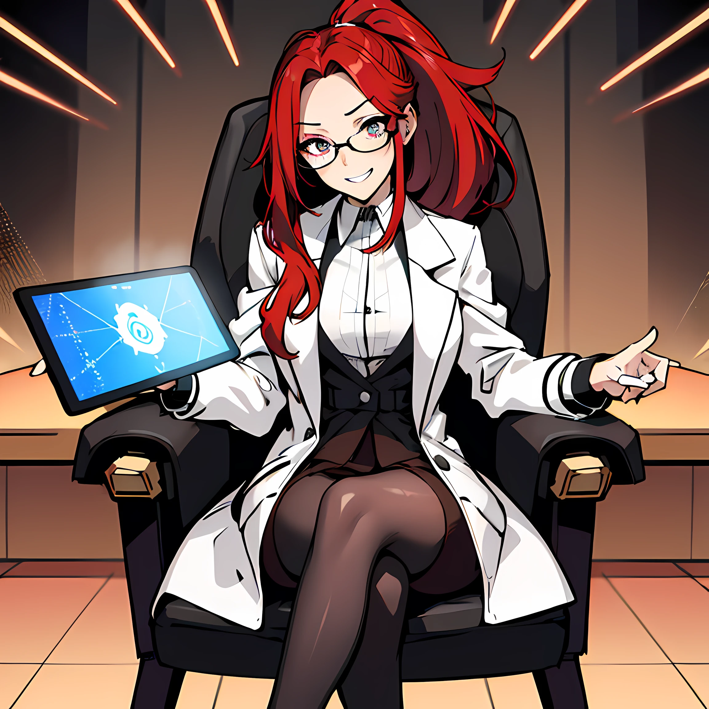 (absurdres, 8k, 4k, masterpiece, hyper extreme detailed:1.2), solo, 1girl, front view portrait, best quality, expressive eyes, perfect face, 1girl, portrait, solo, Female, mature female, adult, red hair, small bust, long shirt, white lab coat, swept bangs, side bangs, crazy face, crazy eyes, messy hair, medium hair, hair covering forehead, perfect ???????, anatomically correct, villain, evil, looking forward, forward view, expressive eyes, perfect eyes, crazy, science, scientist, mad scientist, experiment, psychotic, psychopath, sociopathic, sociopath, crazed, wide eyes, grin, round rimmed glasses, long brown skirt, lab coat, half body, covered forehead, downward bangs, insane, half body, ponytail, futuristic, gadget, hologram, tablet, leaning back, sitting in chair, leg crossed,