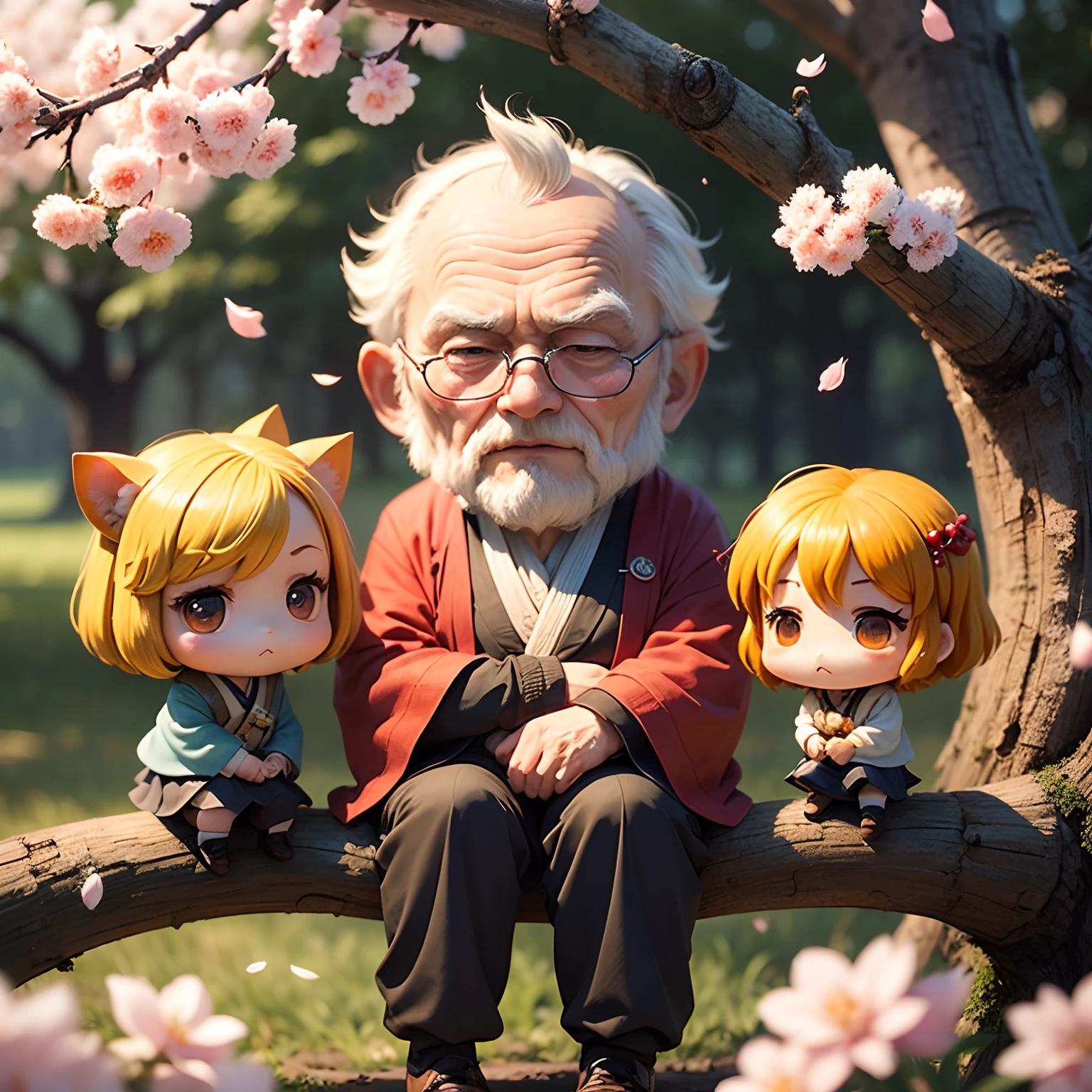 masterpiece、top-quality、ultra-detailliert、(Chibi Chara Hanasaki Old Man:1.2)、独奏、Grandfather、Sit on a branch of a tall tree、Sprinkling powder、cherryblossom