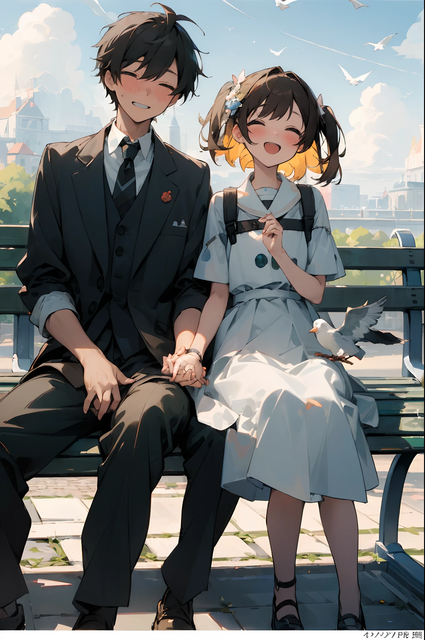 (masterpiece:1.3), best quality, official art, 1girl, 1boy, (cute:1.3), sitting on a park bench, (holding hands), smiling, blushing, (bright), (:D:0.6), sun light, cumulonimbus clouds, birds
