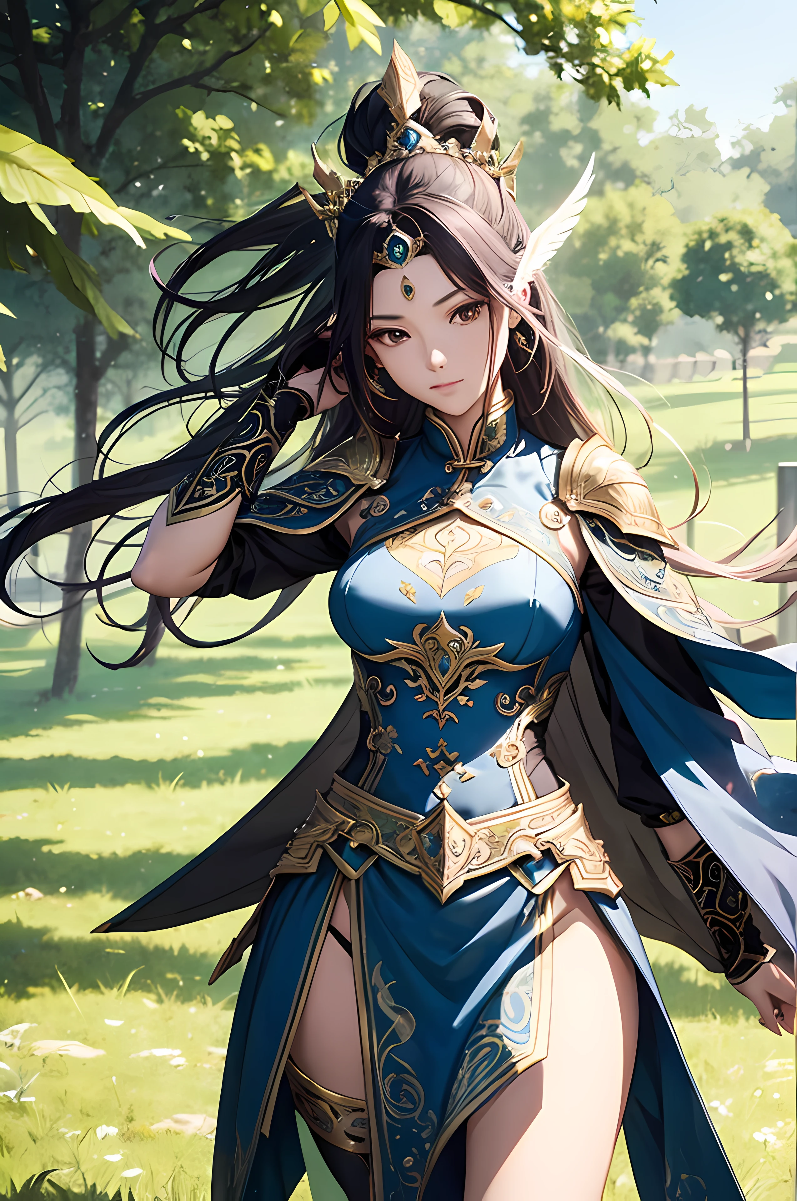 Empress element, fine armor, intricate design, creative details, silk, cinematic lighting, 4k, floating hair, sharp, prism, shining knight, royal, face mask , full body frame, grassland background, happy, wuxia, bird pose