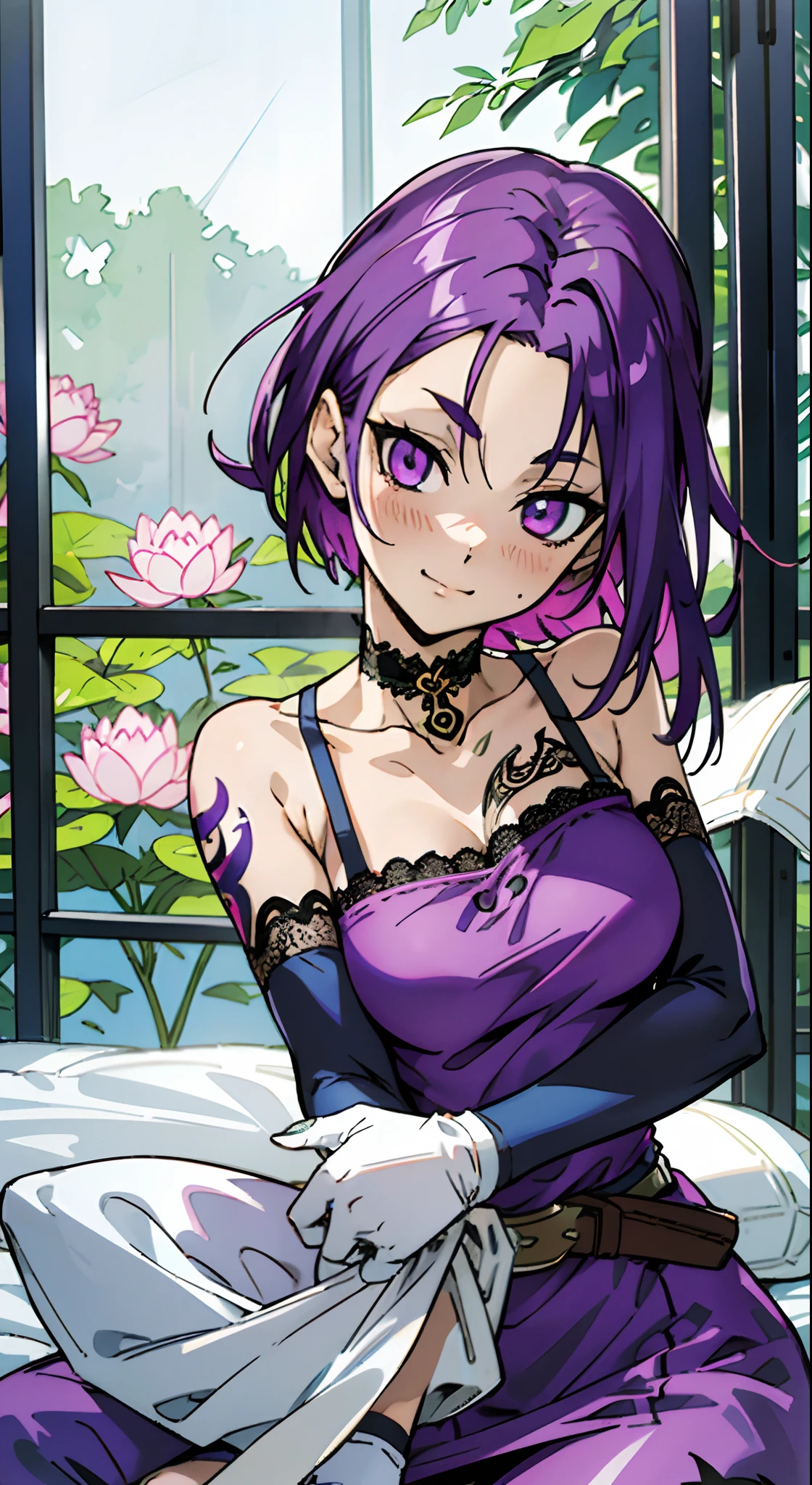 masutepiece, Best Quality, Ultra-detailed, Off-the-shoulder clothing, Colorful,Up-close, Hyper-detailing，purple color  hair, Ultra-realistic hair quality, Vibrant colors, Beautuful Women, Beautiful long hair, Shiny hair, detailed hairs, Reo Mikage, Blue Lock, no sleeves, Camisole and cheongsam, Dress, Lace dress, chinese clothes, Chest exposure, Lace underwear, lotuses, Lace panniers, Metamorphosis is exposed, Choker, Black Choker, arm warmer, Ruffled Arm Warmer, Long Arm Warmer, gloves, White Gloves, short gloves, Relative area, a belt, Sexy breasts, The tattoo, arm tattoos, Dragon tattoo, Tattoo on the wrist, hand tattoo, leggins, Blue leggings, Sitting on the bed, Big breasts, red blush, 1girl in, Solo, Sharp face, Heterochromia, Green eyes, Purple eyes, Bare neck, Happy face, dynamic pose