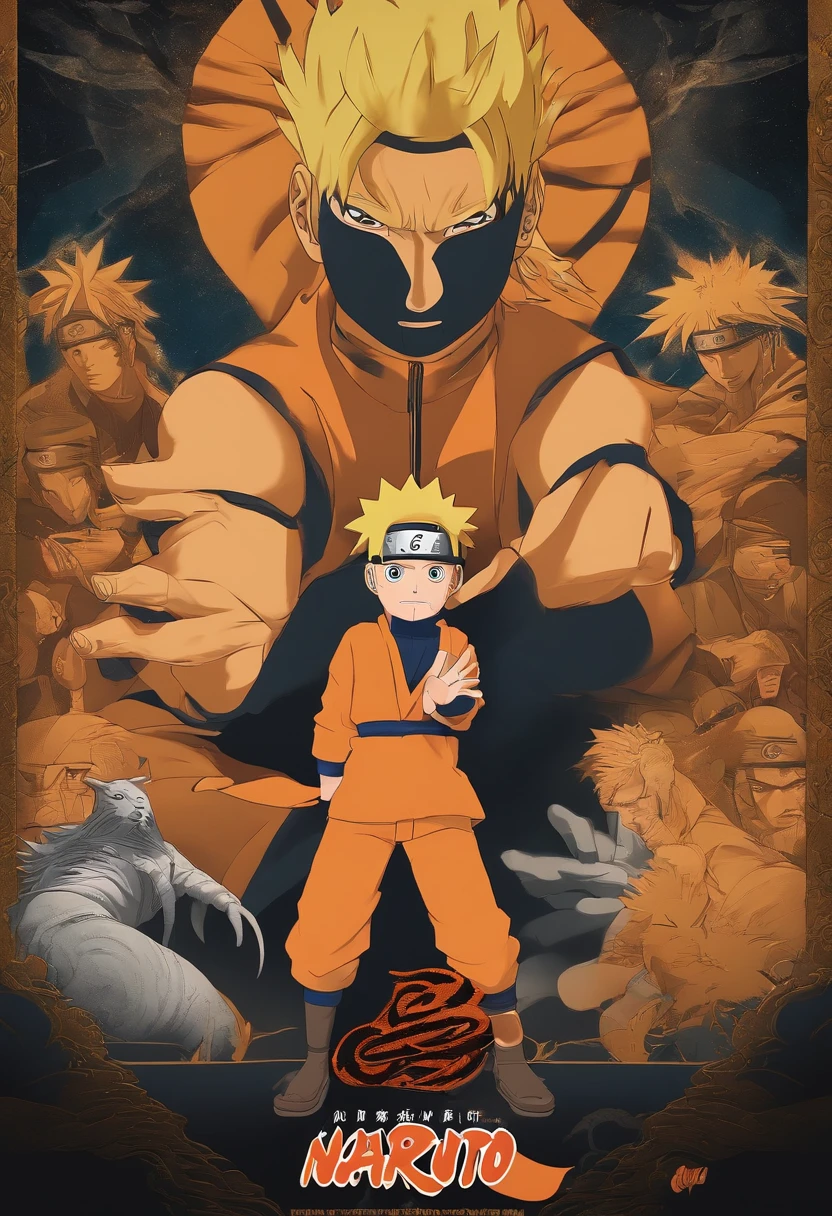 "Create a stunning movie poster inspired by Masashi Kishimoto's Naruto, mostrando al legendario Naruto Uzumaki en todo su esplendor."