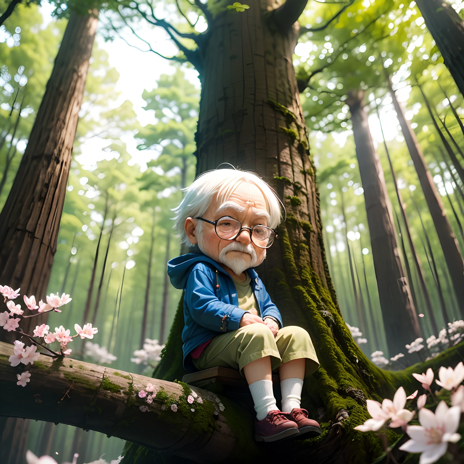 ​masterpiece、top-quality、ultra-detailliert、(Chibi Chara Hanasaki Old Man:1.2)、Grandpa Solo、sit on the branches of tall trees、Sprinkling powder、cherryblossom