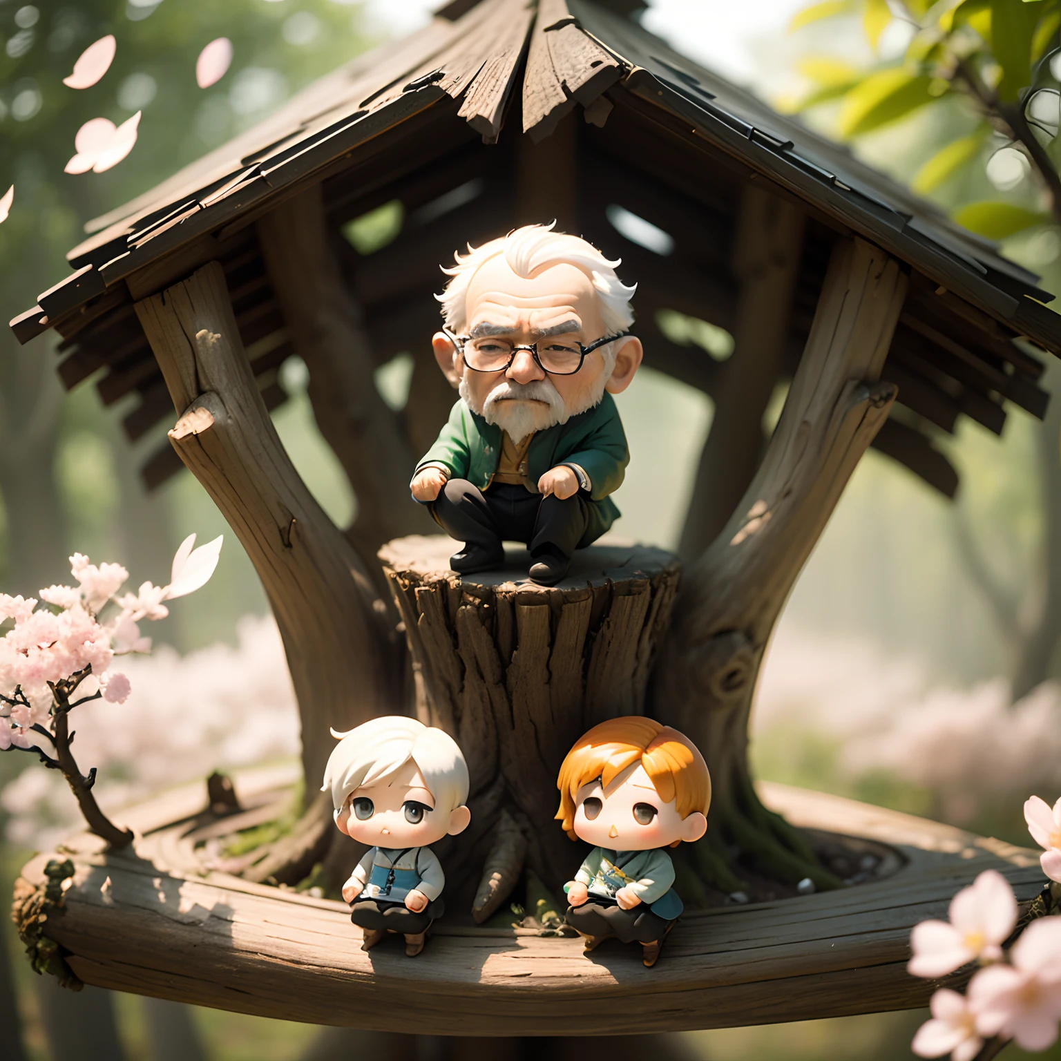 ​masterpiece、top-quality、ultra-detailliert、(Chibi Chara Hanasaki Old Man:1.2)、Grandpa Solo、sit on the branches of tall trees、Sprinkling powder、cherryblossom