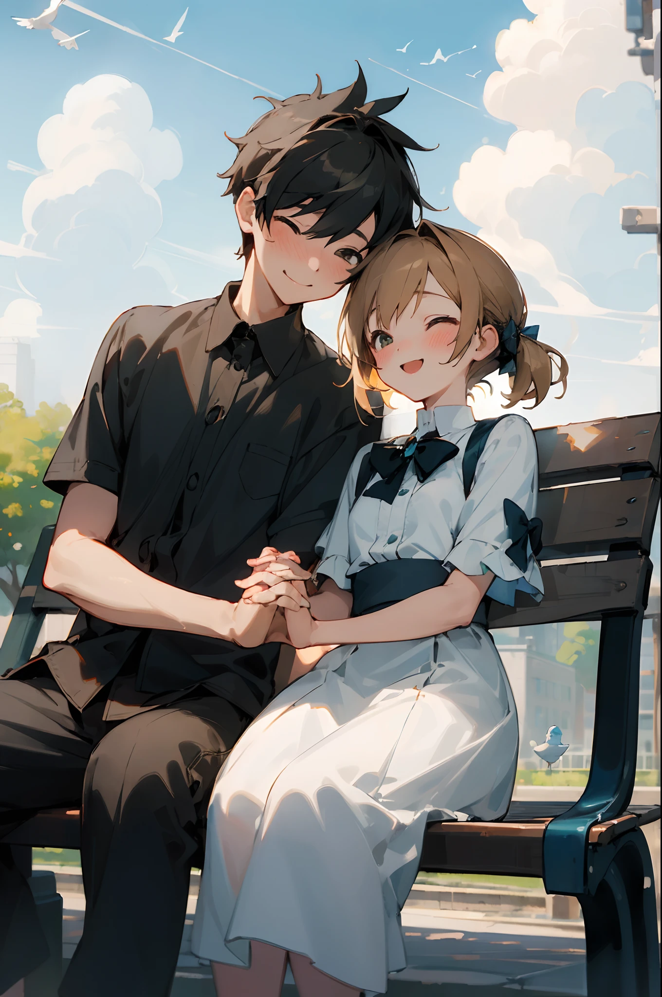 (masterpiece:1.3), best quality, official art, 1girl, 1boy, (cute:1.3), sitting on a park bench, (holding hands), smiling, blushing, (bright), (:D:0.6), sun light, cumulonimbus clouds, birds