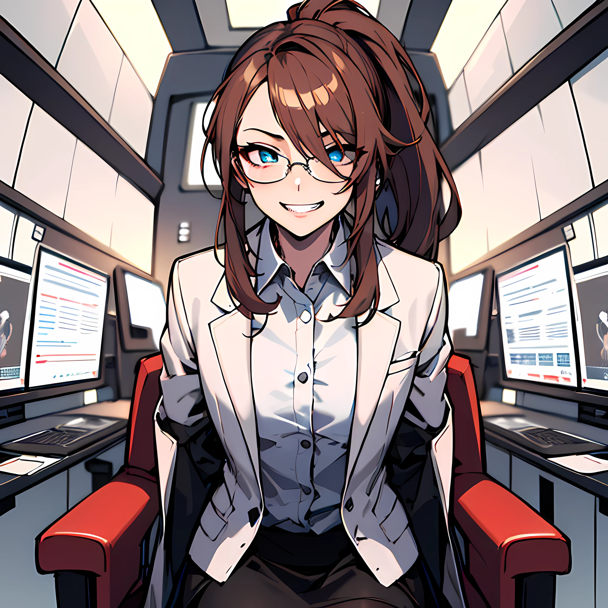(absurdres, 8k, 4k, masterpiece, hyper extreme detailed:1.2), solo, 1girl, front view portrait, best quality, expressive eyes, perfect face, 1girl, portrait, solo, Female, mature female, adult, red hair, small bust, long shirt, white lab coat, swept bangs, side bangs, crazy face, crazy eyes, messy hair, medium hair, hair covering forehead, perfect anatomy, anatomically correct, villain, evil, looking forward, forward view, expressive eyes, perfect eyes, crazy, science, scientist, mad scientist, experiment, psychotic, psychopath, sociopathic, sociopath, crazed, wide eyes, grin, round rimmed glasses, long brown skirt, lab coat, half body, covered forehead, downward bangs, insane, half body, ponytail, futuristic, gadget, hologram, tablet, leaning back, sitting in chair, screens, mechanical arms,