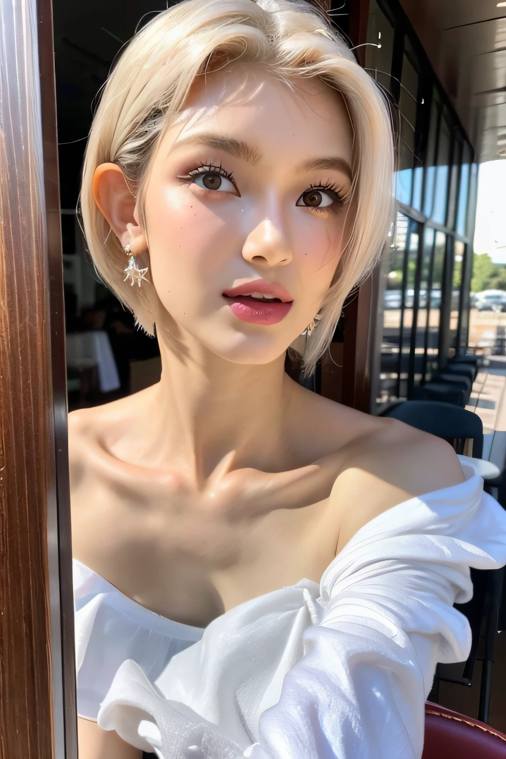 best quality, master part, ultra high-resolution, (fotorrealista:1.4), Foto RAW, 1girl, Brincos, jewelries, 1girl, (cabelo loiro platinado;:1.2), Olhando para o Viewer, coffee shop,Realistic, Closeup, sunlight, luz de frente, boca aberta, quebrar,