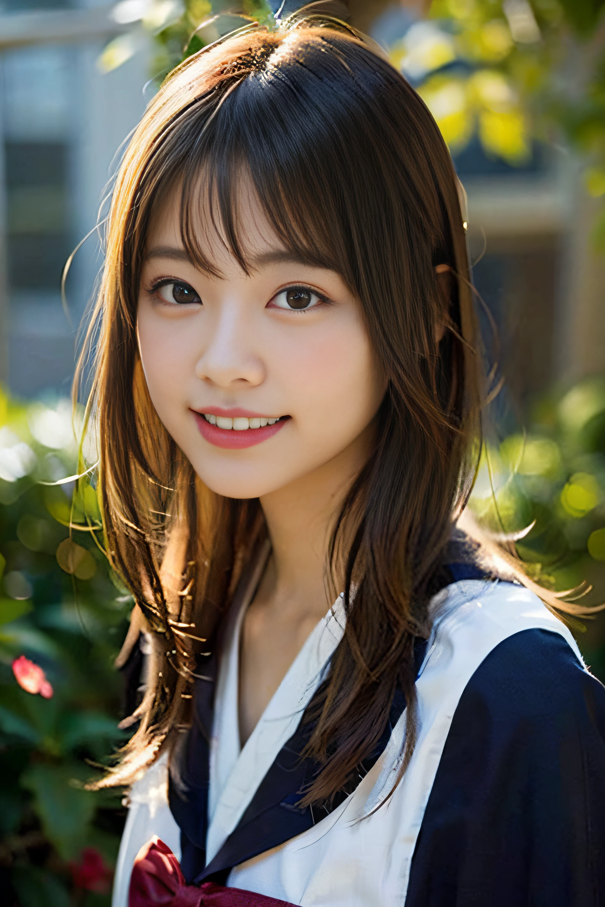 (8K、Raw photography、top-quality、​masterpiece:1.2)、(realisitic、Photorealsitic:1.37)、ultra-detailliert、超A high resolution、女の子1人、see the beholder、beautifull detailed face、A smile、Constriction、(Slim waist) :1.3)、Beautiful detailed skin、Skin Texture、Floating hair、Professional Lighting、Whole human body、Longhaire、a blond、japanese hight school uniform、hi-school girl、School route、autumnal、Colored leaves、Red ribbons、Bob Hair、Happy smile、Childish smile、Suppin
