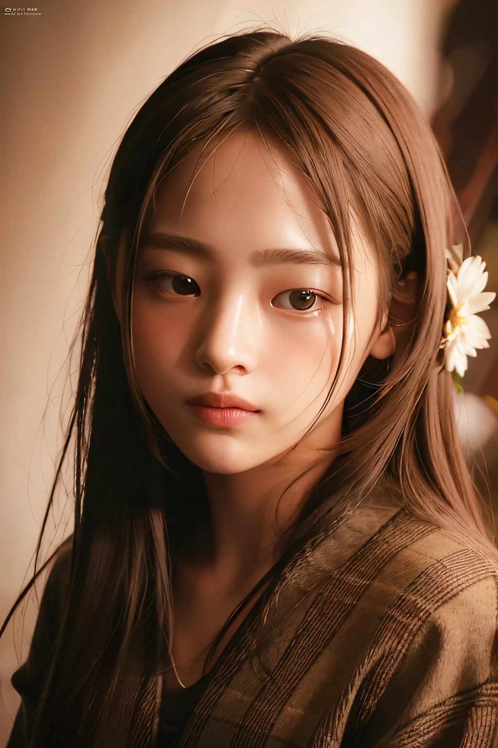 photorealistic:1.4,(flower filed),Poetic lens,obscure light and shadow,aestheticism,brooding,emotional depth,supernatural,1girl,solo,Neck,enchanting elegance, atmospheric depth, naturalistic representations, harmonious composition, looking at viewer, sharp eyes, sharp nose, smile, platinum blonde hair