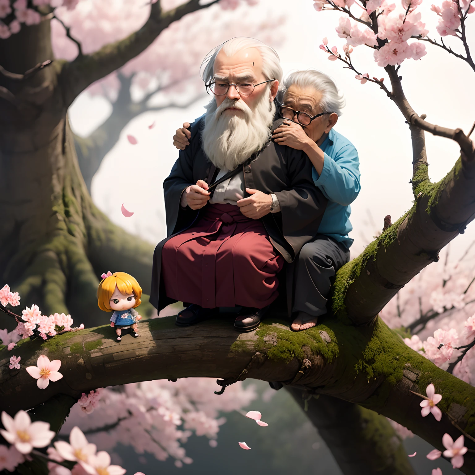 ​masterpiece、top-quality、ultra-detailliert、(Chibi Chara Hanasaki Old Man:1.2)、Grandpa Solo、komono、Sit on a branch of a tall tree、Sprinkling powder、cherryblossom