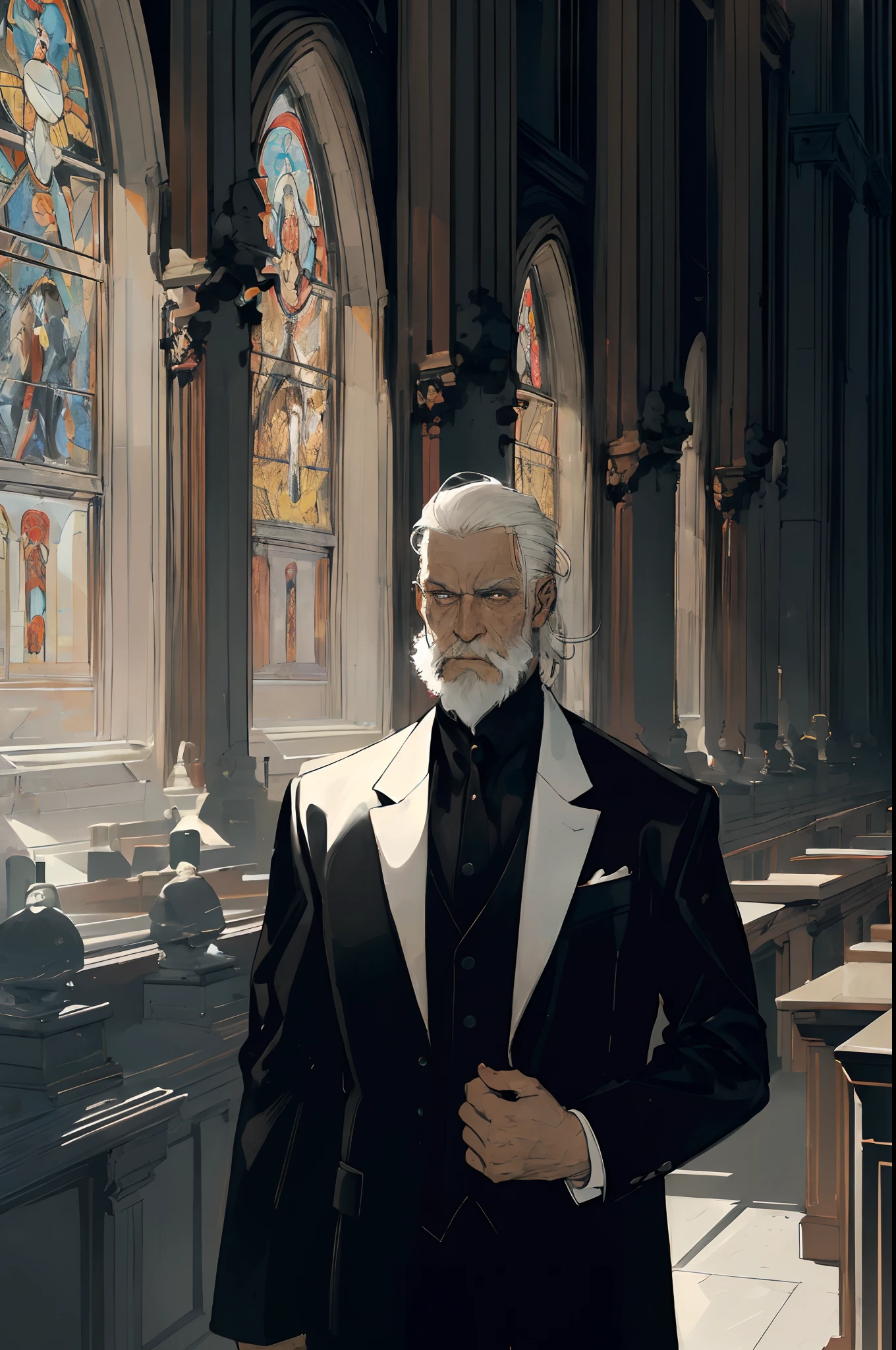 (masterpiece, best quality;1.3),(tarot card:1.2), 1guy, male focused, short white hair, white beard, old, mature and tall, sad expression, detailed face, hanged man tarot, bright halo, suit and tie, black suit, male_focus, symmetrical composition, long shadow, blood on hands, bloody hands,blood splash, ultra detailed, 8k, high quality, hq,