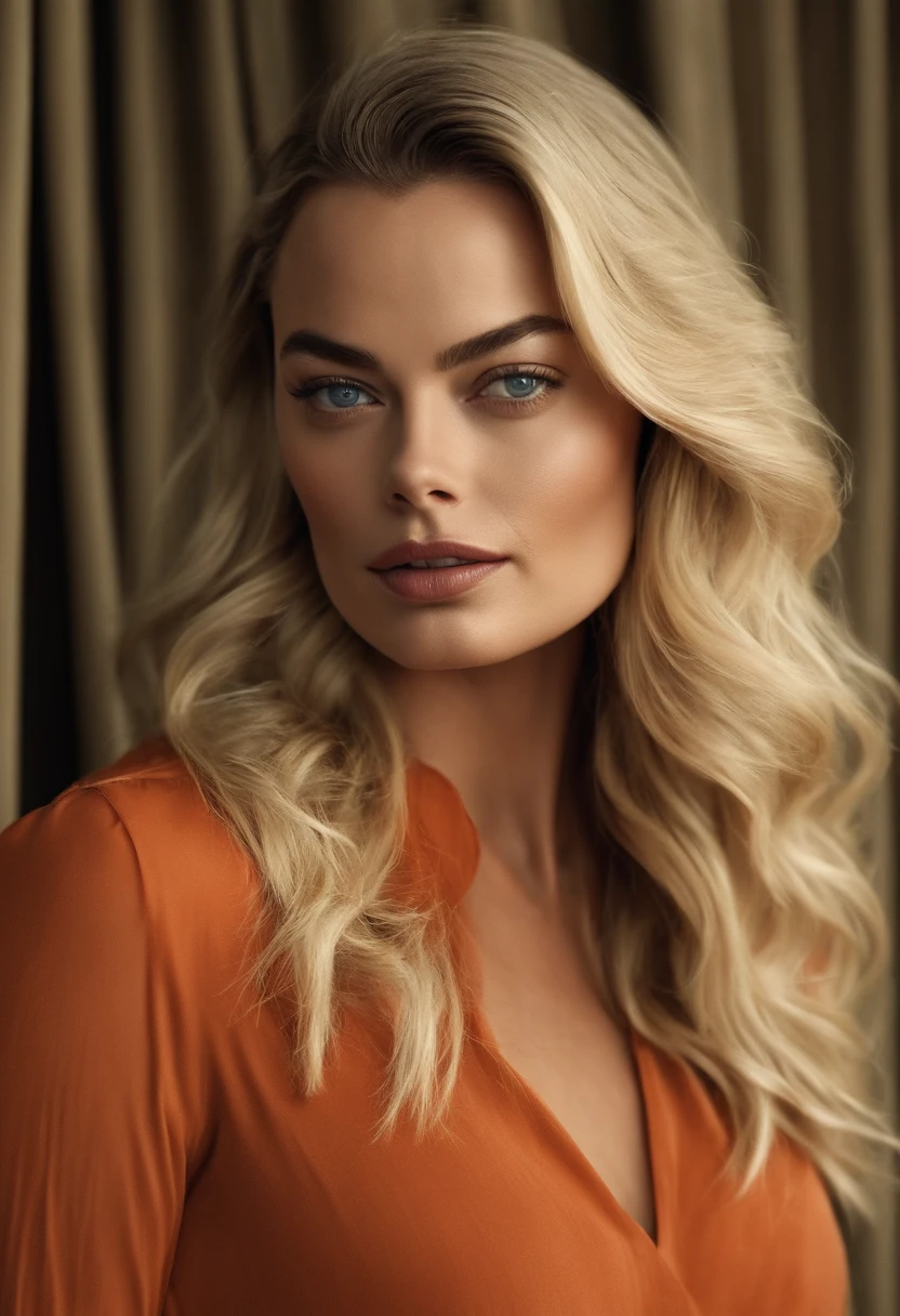 (melhor qualidade, Altas, ultra-detalhado), margot robbie, Realistic, retrato, Blonde woman with sexy appearance, seios grandes, Estendendo as pernas, cameltoe, NSFW, beautiful face, cabelo curto