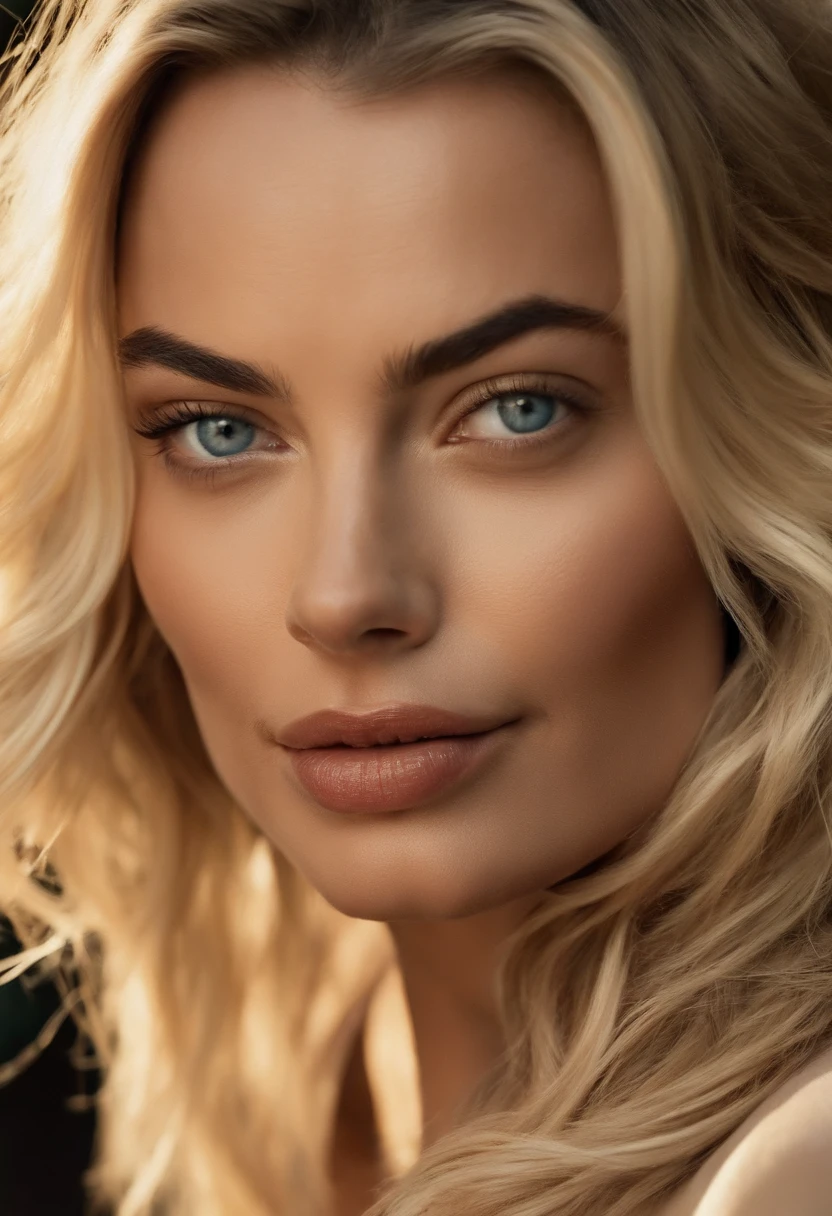 (melhor qualidade, Altas, ultra-detalhado),  margot robbie, Realistic, retrato, Blonde woman with sexy appearance, seios grandes, Estendendo as pernas, cameltoe, NSFW, beautiful face, cabelo curto