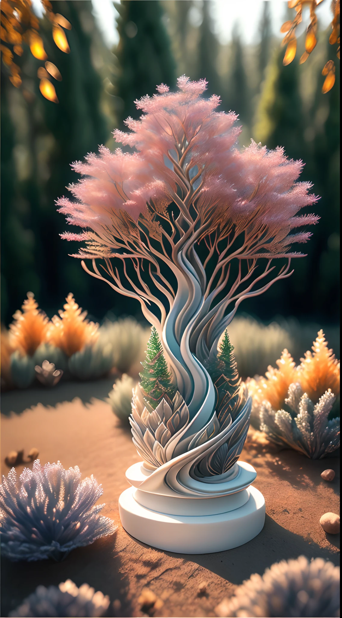 (Best quality,4K,8K,A high resolution,Masterpiece:1.2),Ultra-detailed,(Realistic,Photorealistic,photo-realistic:1.37),Escultura:1.37,Northern,south,Multiverse,Diverse landscape,Natural beauty,Ceramic craftsmanship,Glass surface,Twisted branches,Flickering flames,Art gallery