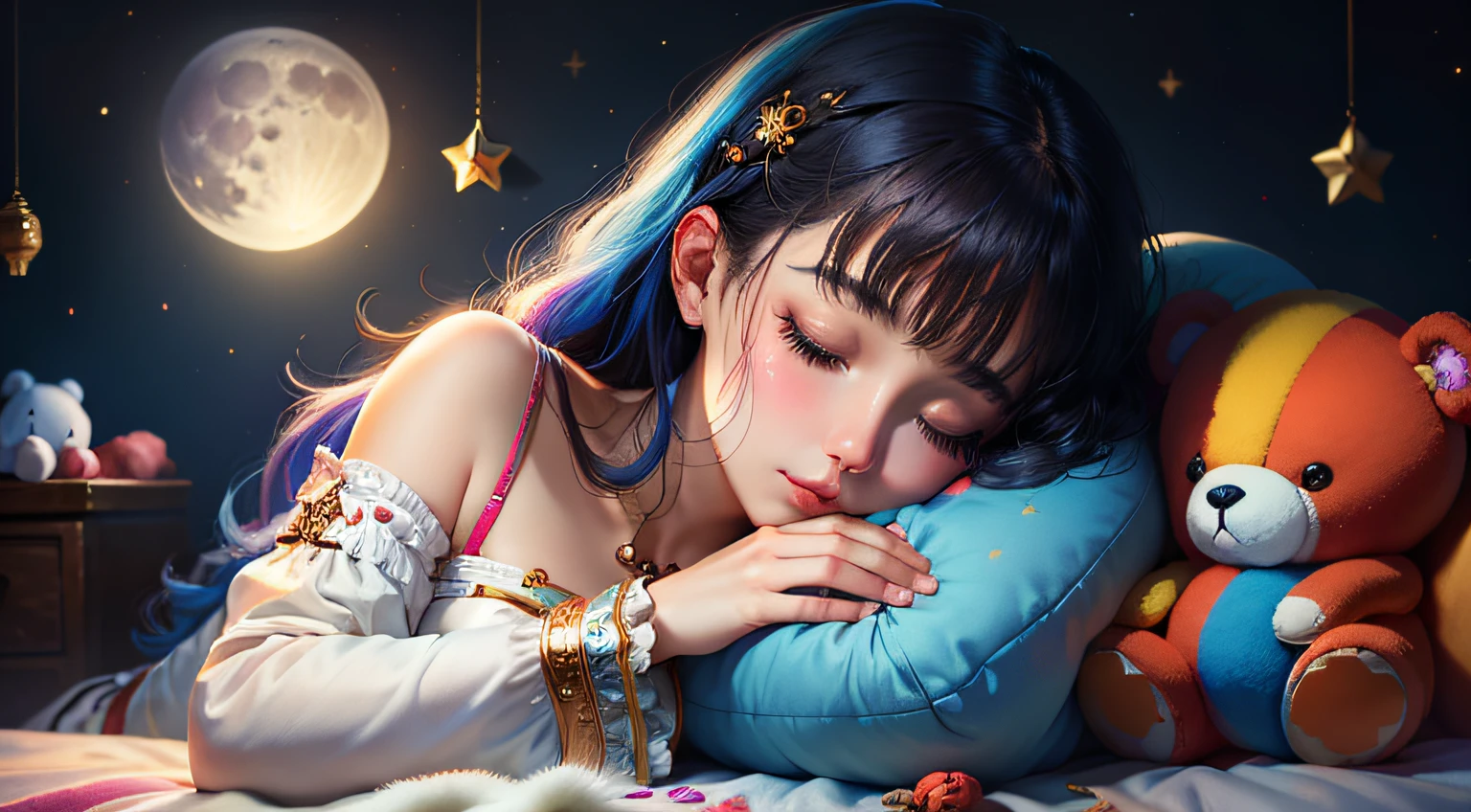 colorful、on badroom、kosmos、Big Moon、realistic、The girl is sleeping、Only one stuffed animal、超A high resolution