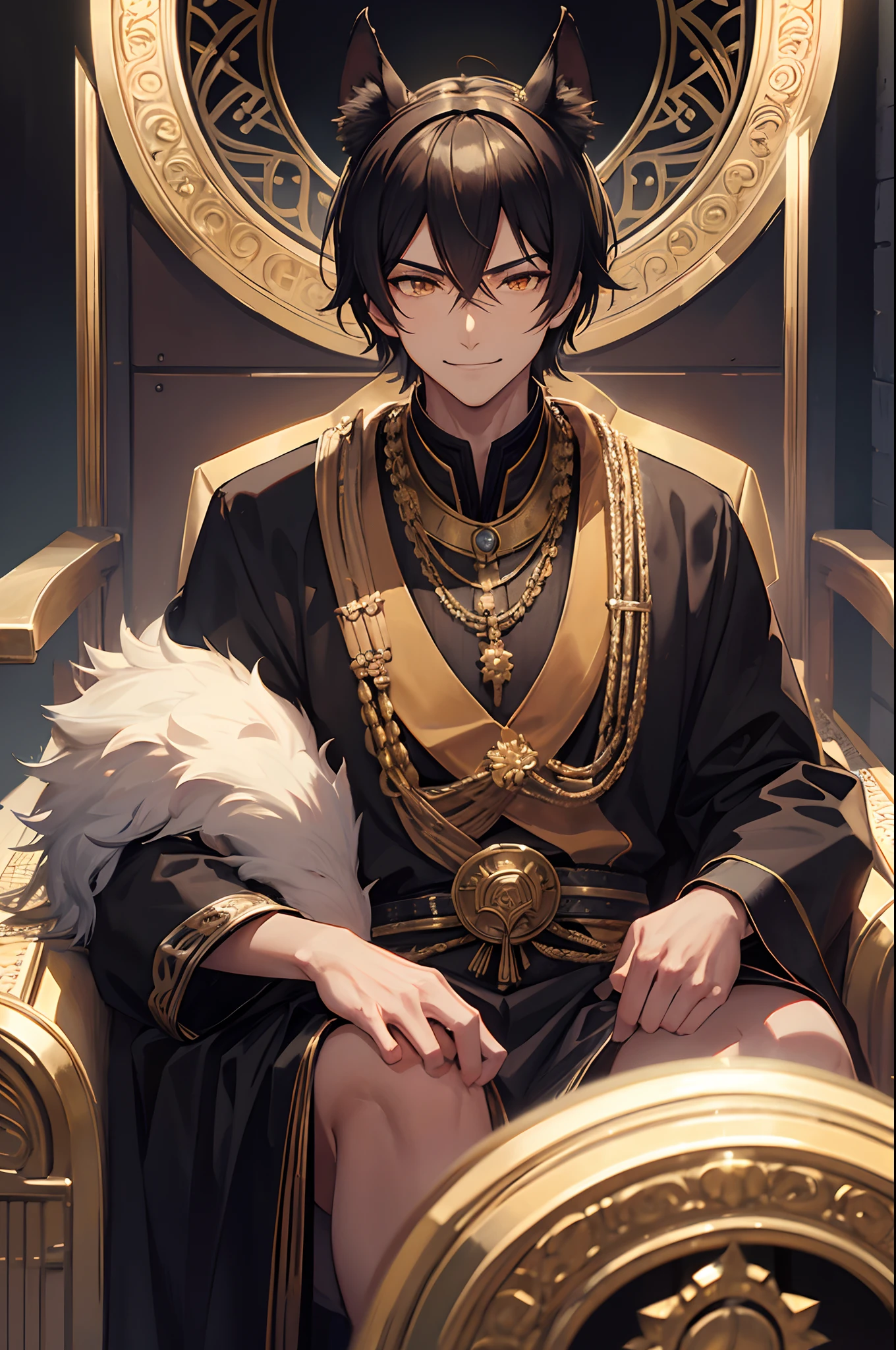 anime, man, old man, daddy, solo, short hair, sharp hair, dark brown hair, dark skin, brown skin, yellow red eyes, cat ears, cat tails, Anubis man, model, handsome, half body potrait, arabian clothes, mesir, jewelry, polite, smirk, smile, king, sultan, open clothes, sixpack, gorgeous, Throne, crown