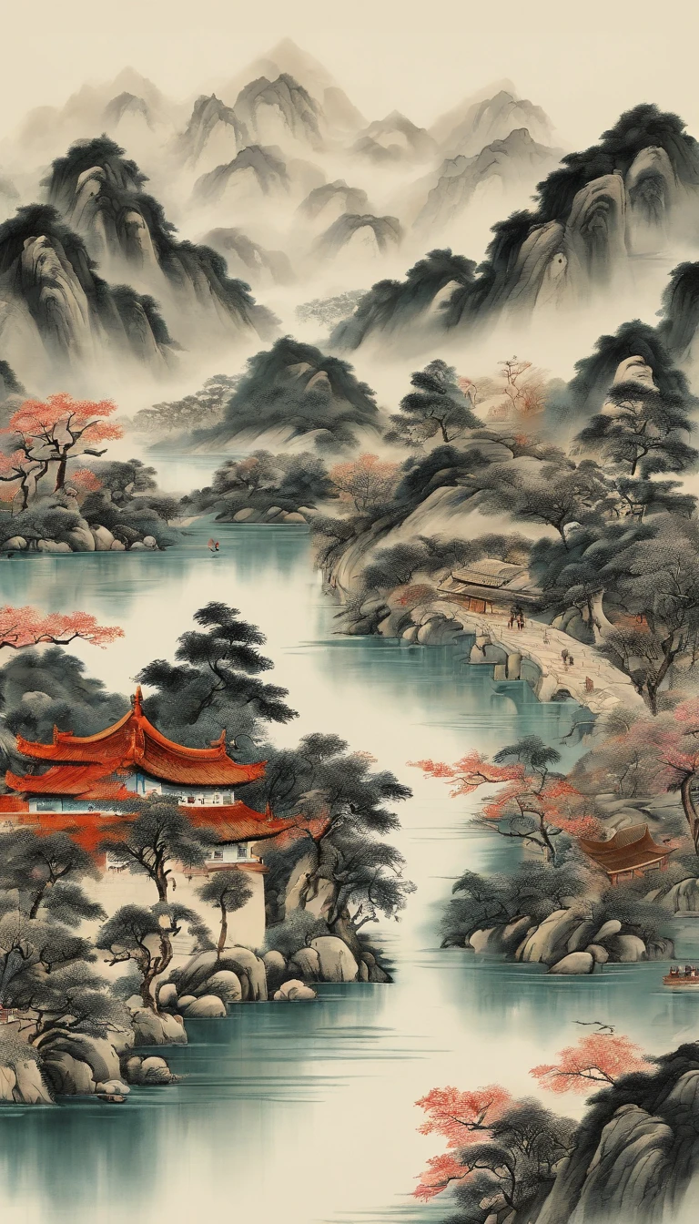 A painting of mountains with rivers and villages, Chinese painting style, inspired by Huang Binhong, Traditional Chinese Ink Painting, Chinese ink painting, Traditional Chinese painting, Traditional Chinese art, inspired by Zhang Shunzi, Chinese landscape, China ink painting, Chinese painting, inspired by Wang Shishen, Inspired by Zhang Daqian The top is printed in gilded calligraphy lettering