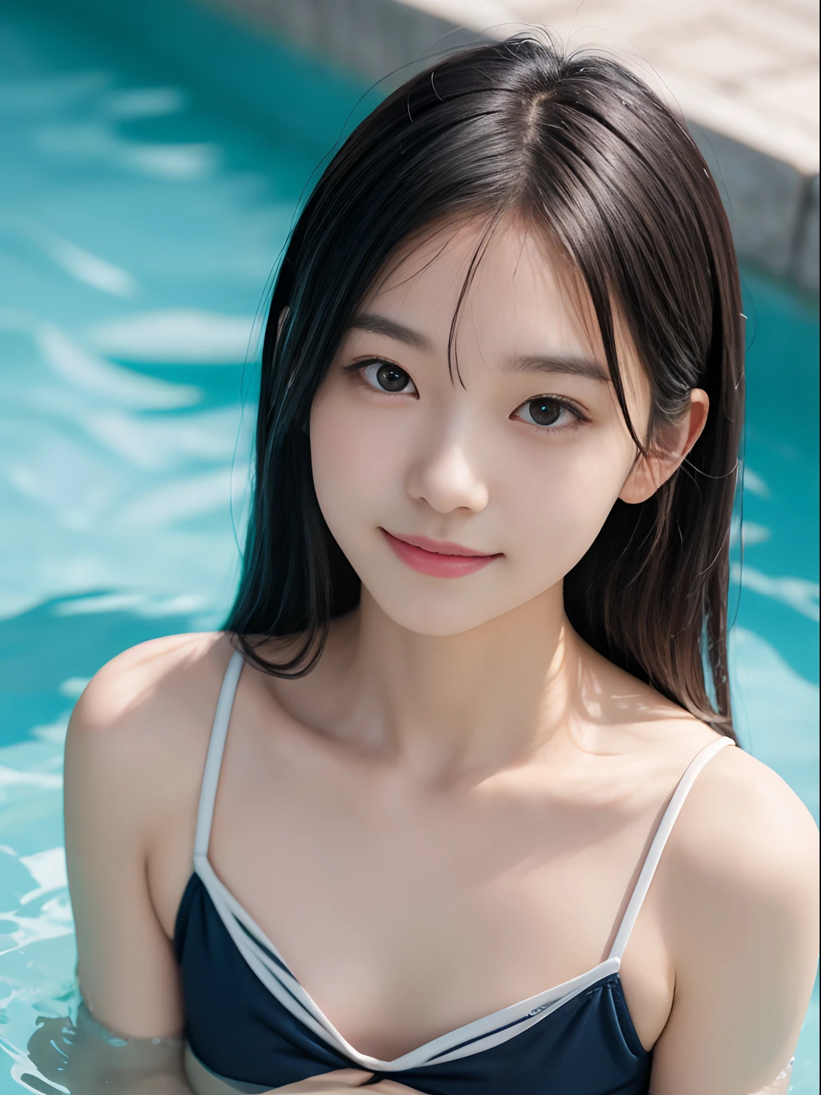 Best Quality, hight resolution, photos realistic, Detailed skin texture, Cute Girl, ((Naked)), flat chest, ar old,y, Facing the camera, slim figure, Charming gaze, japanaese girl, Fair skin, Long hair, Round face, Young Face,　、Ball bokeh background、swimming pools、Portrait、