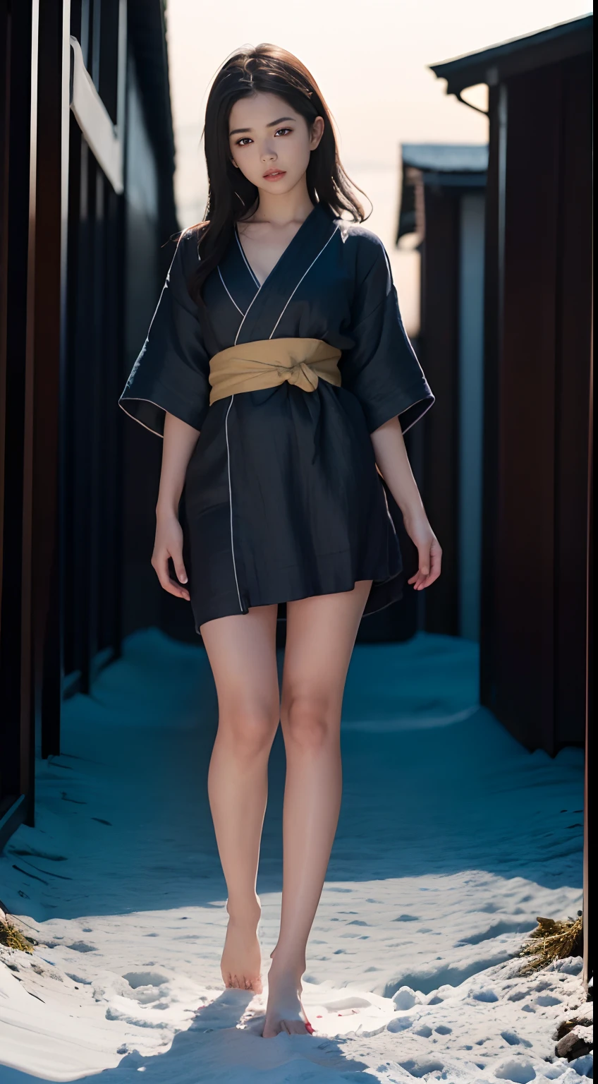 ((Best quality, 8K, Masterpiece :1.3)), Sharp focus:1.2 , Photorealsitic,(Cinematic lighting),Facial detail texture. Eye details. Double eyelids, Slender body. Super small breasts, Sexy collarbone,12-year-old girl, photo-realistic:1.37,Perfect eyes, ((1 Girl in a black yukata)),(white sash),(Thick cloth),((Ragged linen)),With a petite figure,brunette color hair,Long hair draped loosely,Qi bangs,Stand in the snow,The barefoot,Hands behind your back,Full body like,short- sleeved,short skirt,Exposing thighs,folds,((solid color backdrop)),is shy,Be red in the face,Get wet