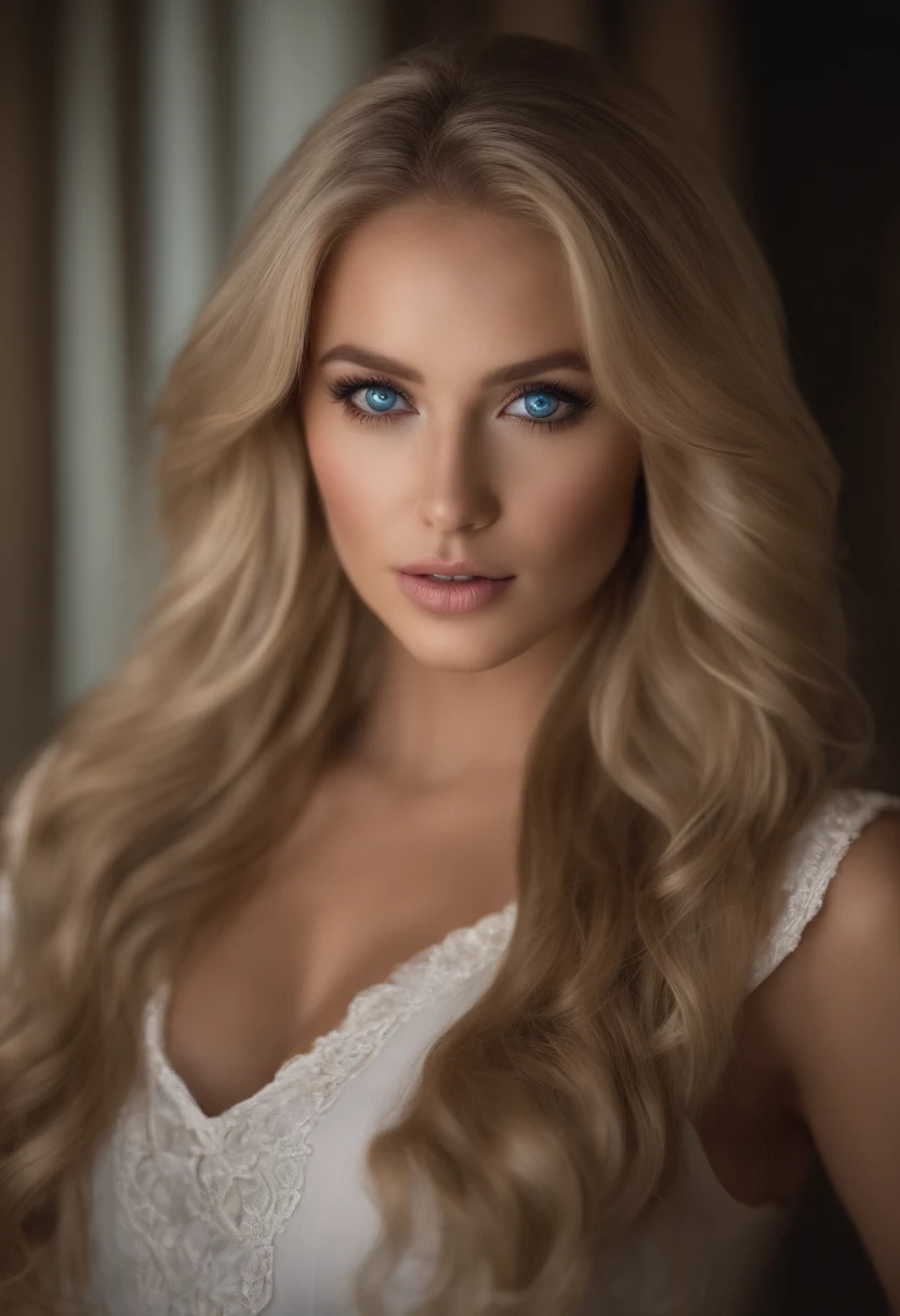 a close up of a woman with a medium size breast, perfect face model, in a hotel room, clothed, blonde, fit body, silk skin, blue eyes, 20 years of age