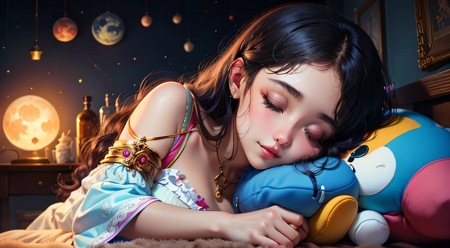 colorful、on badroom、kosmos、Big Moon、realistic、The girl is sleeping、Only one stuffed animal、超A high resolution