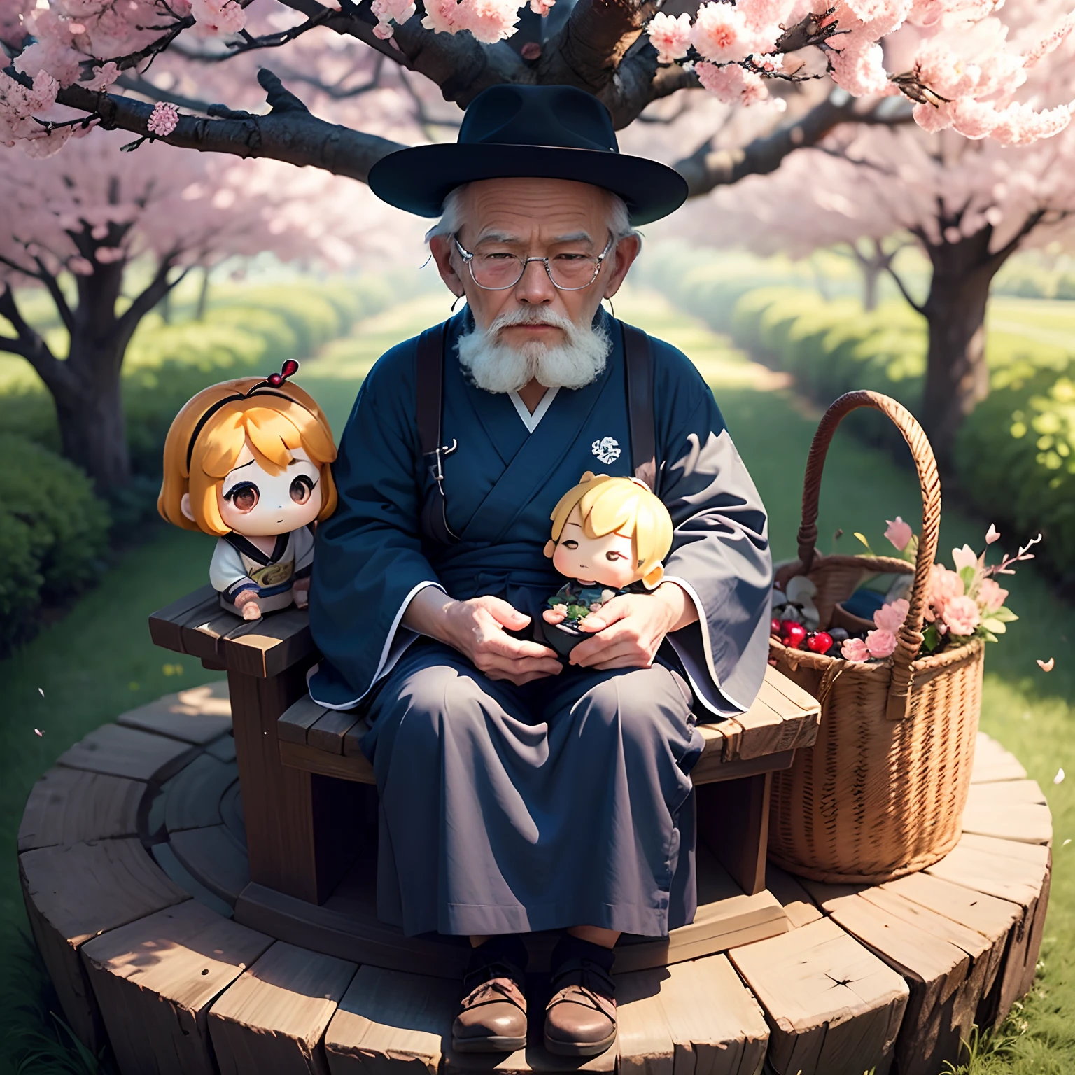 masterpiece、top-quality、ultra-detailliert、(Chibi Chara Hanasaki Old Man:1.2)、Grandpa Solo、Komono、sit on the branches of tall trees、Sprinkle powder in the basket、cherryblossom